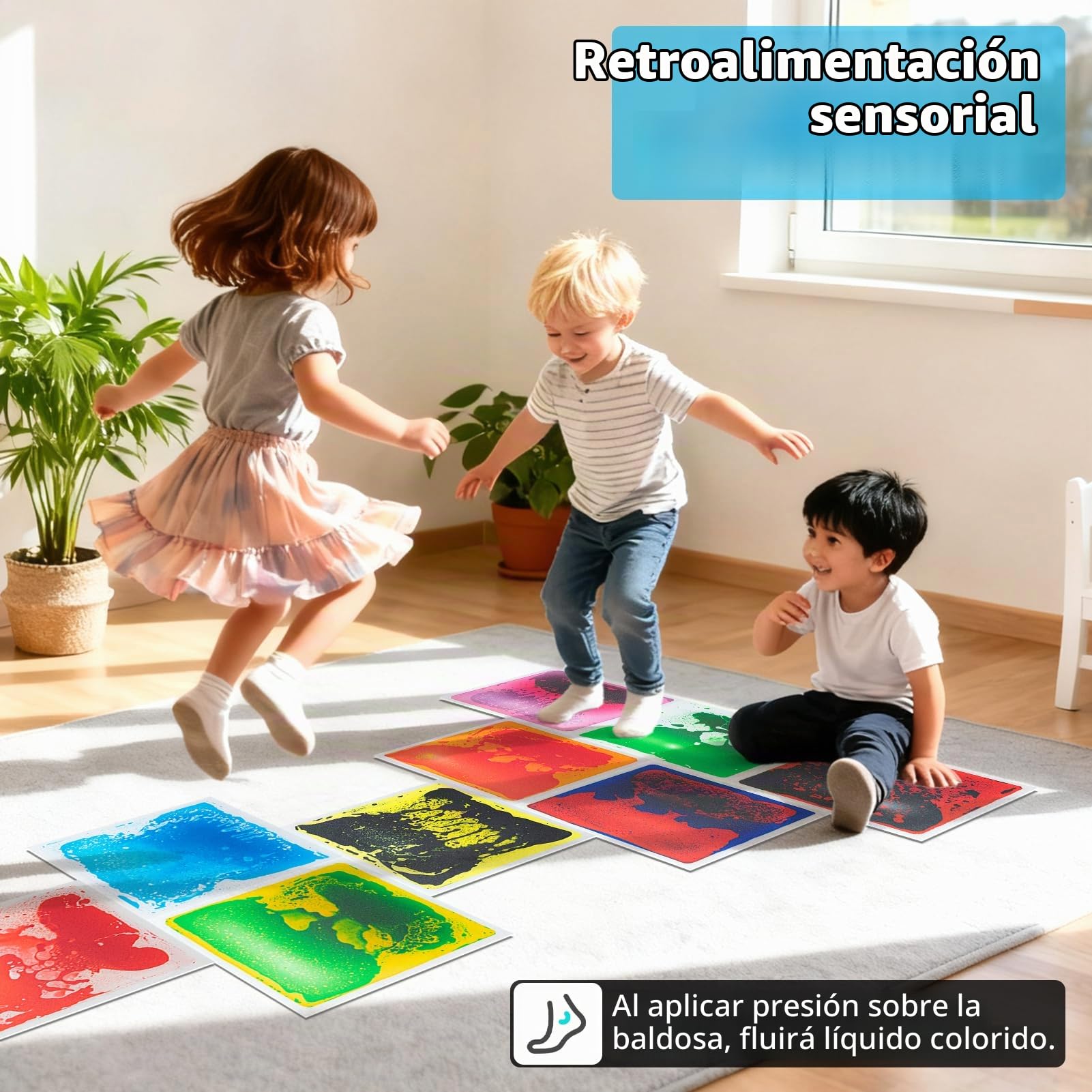 Art3d Baldosas Sensoriales Líquidas Cuadradas | 4 Piezas PVC 30x30 cm | Líquido Atóxico y Antideslizante | Juego Niños, Escuela | Sin Instalación