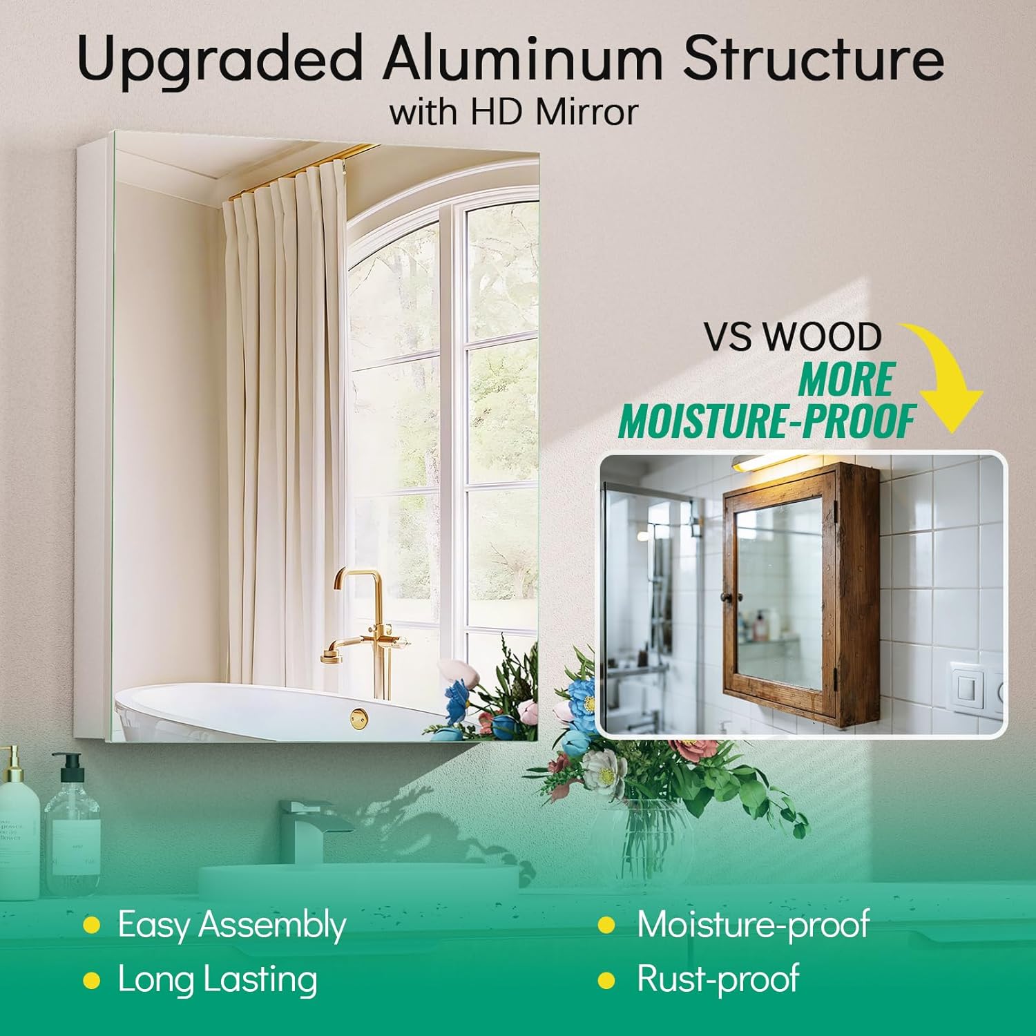 20 x 26 Medicine Cabinet Mirror, Mount or Recessed Bathroom Mirror with Storage, Aluminum Framed Medicine Cabinet with Adjustable Shelves for Bathroom Vanity Modern Farmhouse