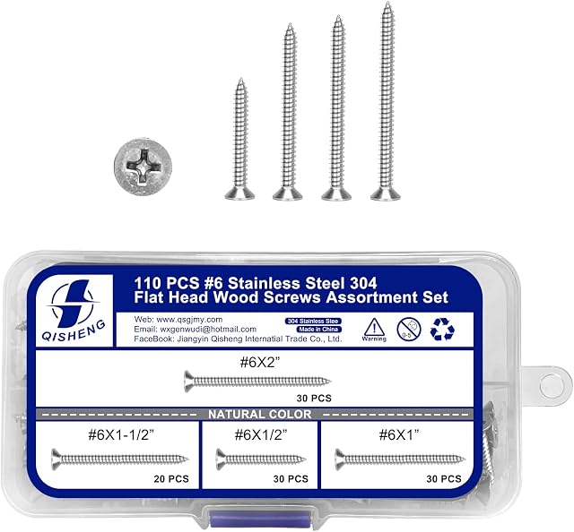 QISHENG 110 PCS #6 Stainless Steel Phillips Flat Head Wood Screws Assortment Set,Stainless Steel 18-8 A2(304) Screw,Home Screw Kit