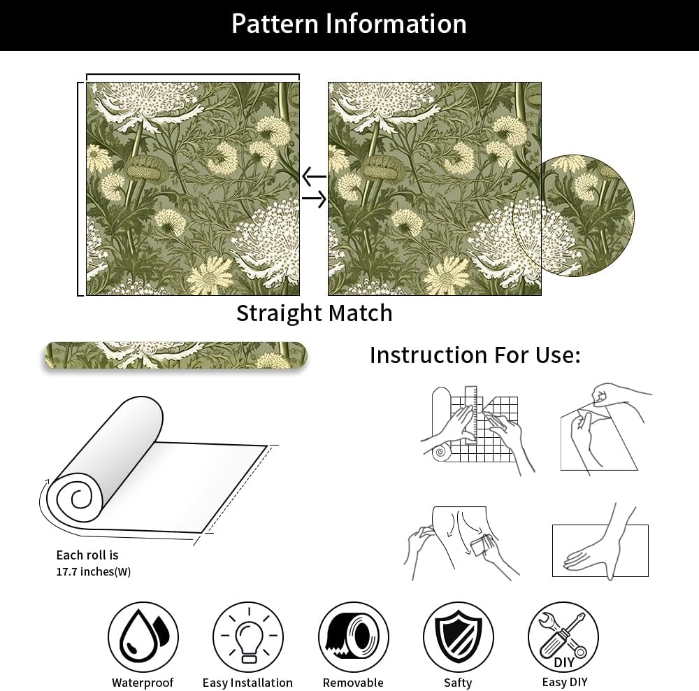 REDAMANCY Boho Abstract Olive White Flower Retro Peel and Stick Wallpaper Vintage Wall Paper Stick on Contact Paper Easy Peel Off for nightstand Drawer Renter Friendly 17.7"x236"