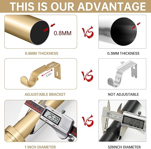 Miniatura 4 de Barras de cortina doradas para ventanas de 72 a 144 pulgadas, modernas barras de cortina resistentes de 1 pulgada con remates simples de tapa de