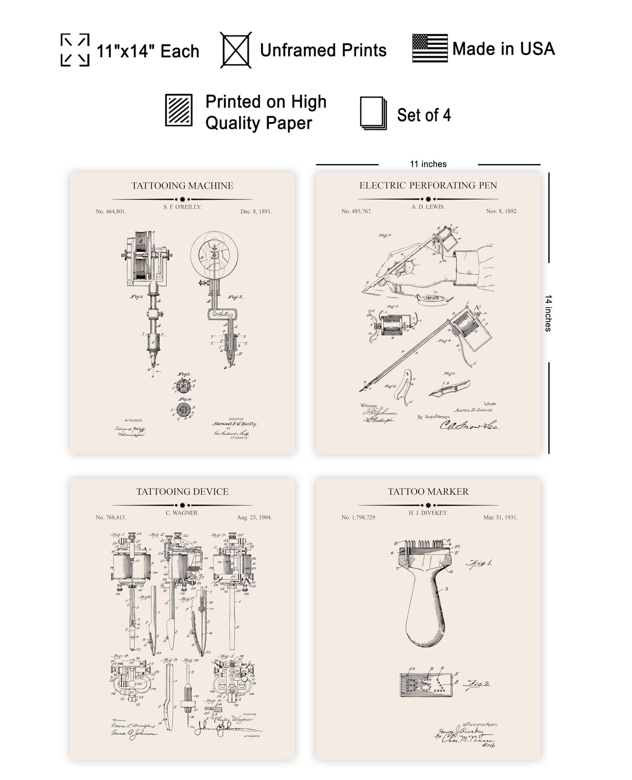 Poster Master 4-Piece Tattoo Blueprint Poster - Tattoo Machine Patent Print - Electric Perforating Pen Art - Tattoo Gun Art - Technical Drawing Art - Office or Studio Decor - 11x14 UNFRAMED Wall Art