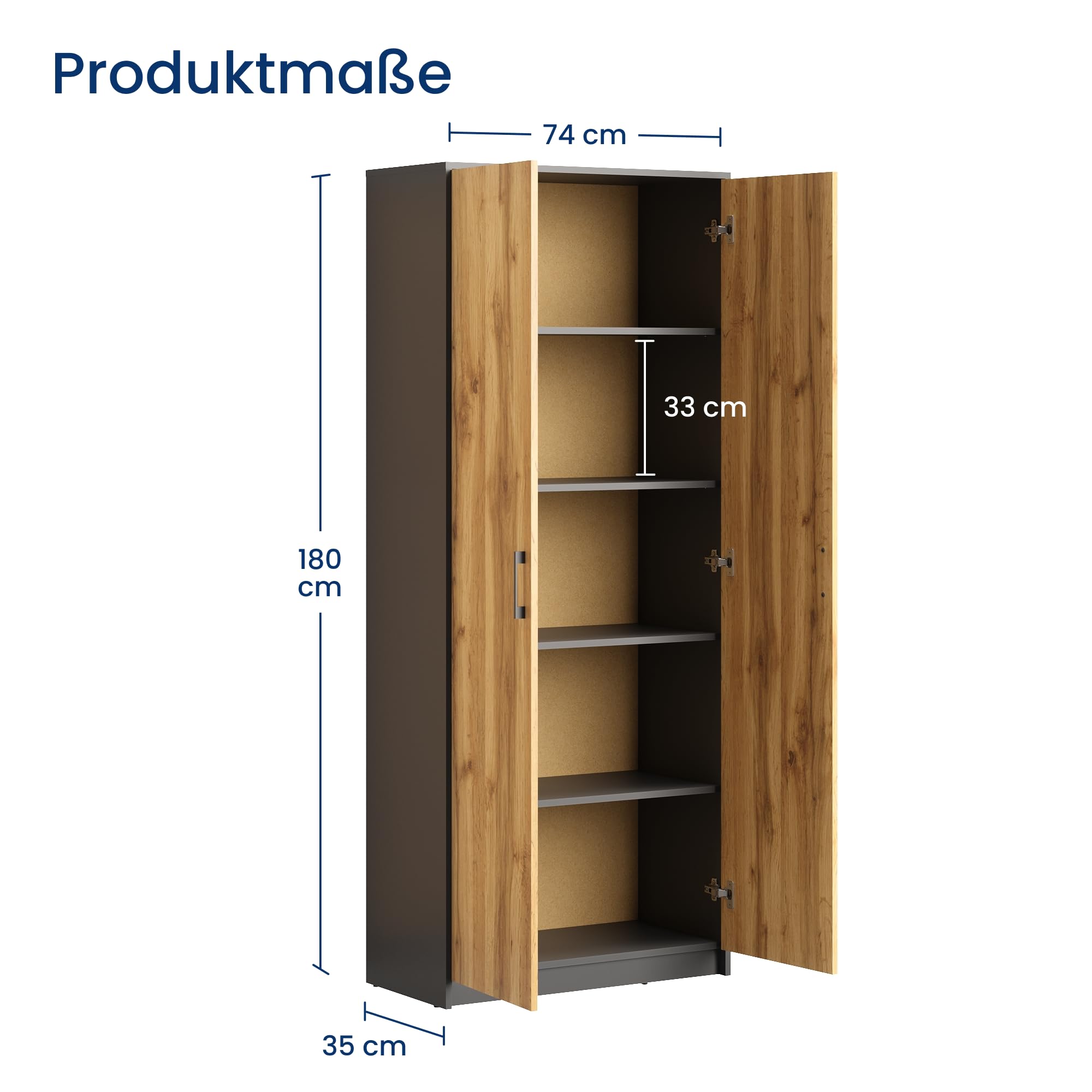 Home Collective Schrank Mehrzweckschrank Aktenschrank Hochschrank mit 5 Fächern 2 Türen 74x35x180 cm vielseitig einsetzbar für Büro Flur Küche Hauswirtschaftsraum stabil & pflegeleicht | graphit/eiche
