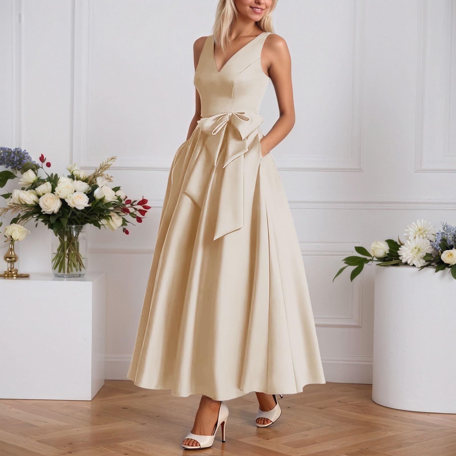 Abendkleid Damen Elegantes Satin Kleid Festliche Cocktailkleid Ansprechendem Ballkleid Bequemer A-Linie Partykleid Lang Brautjungfernkleider Verlobungskleid Wickelkleid Promkleider