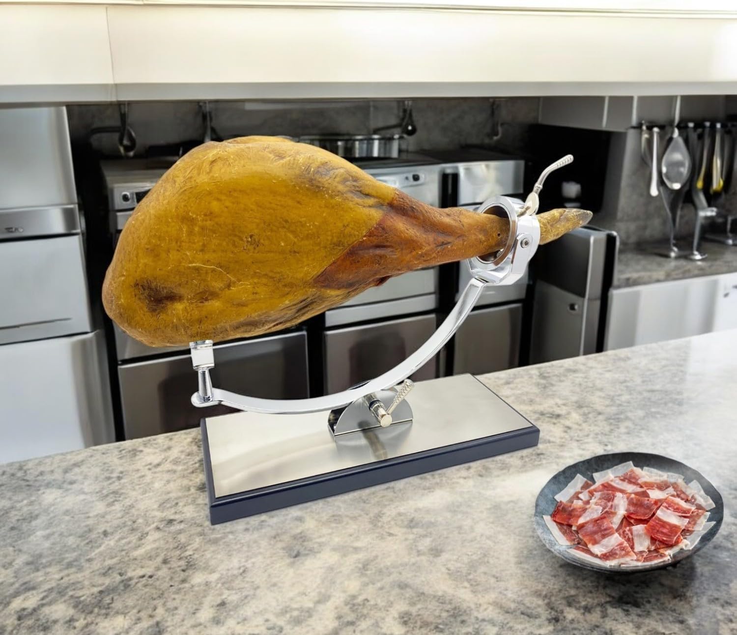 FERRETERIA LEPANTO Jamonero Profesional Giratorio y basculante, Soporte jamonero con Base de DM mas Lamina de Acero Inoxidable Modelo Serrano (Sin Set de Corte)