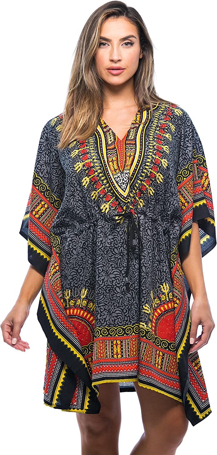 African Print Dashiki Short Caftan Dress Nightwear Beach Cover Up Kimono Style for Any Occasion I Free Size I Short Top for Women (Grey)