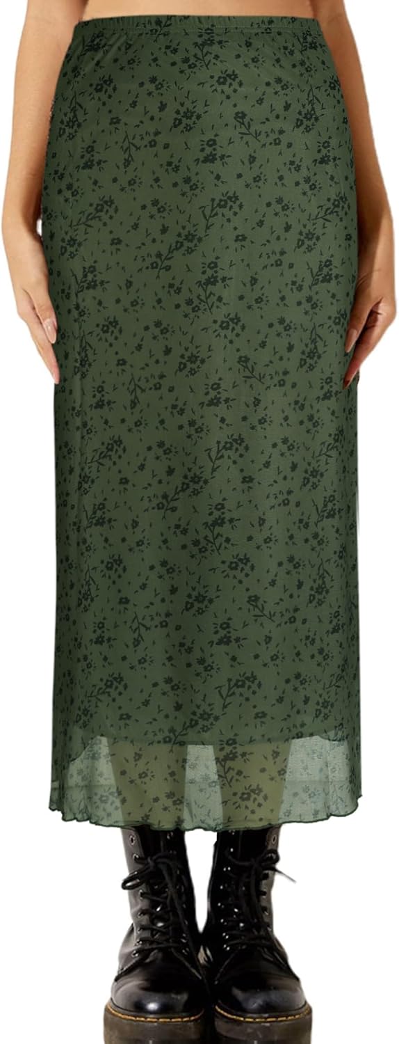 Avanova Women Floral Boho High Waisted Midi Skirts Flowy Summer Long Skirts Green Flower Large - Image 3