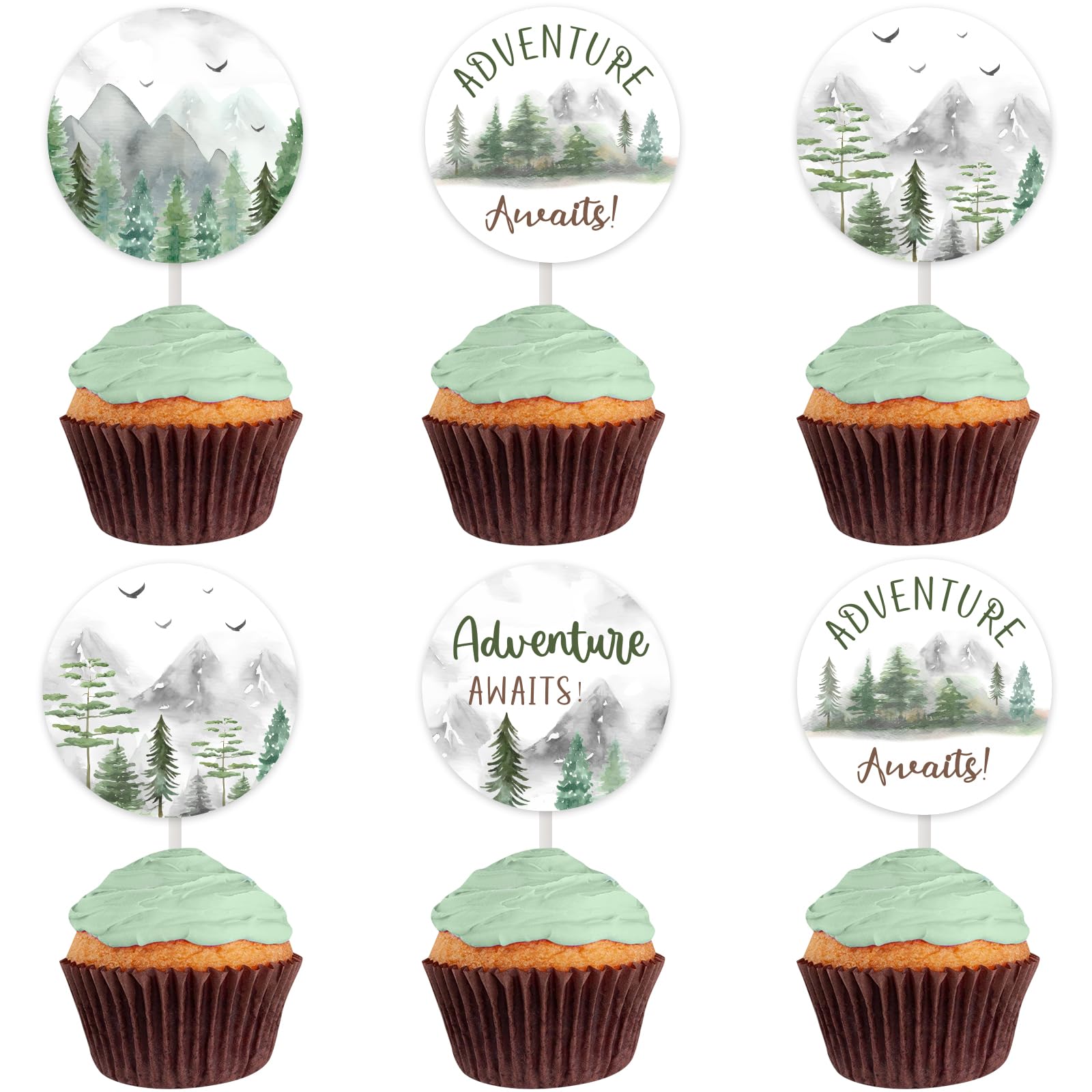 Cheereveal Adventure Awaits Baby Shower Decorations, 12Pcs Cupcake Toppers Mountain Cake Cupcake Picks Let the Adventure Begin/Bon voyage/Away Travel