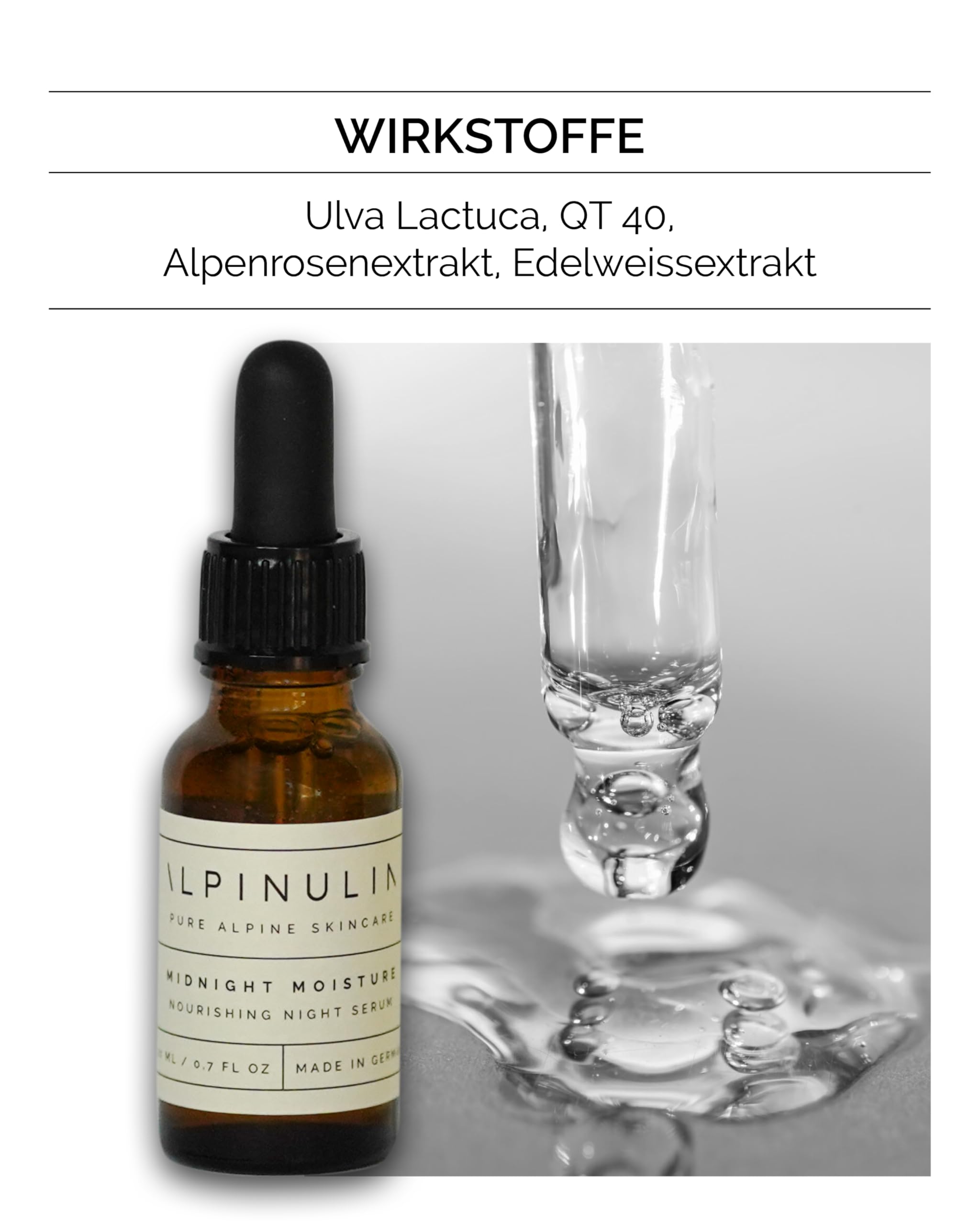 ALPINULIN MIDNIGHT MOISTURE NOURISHING NIGHT SERUM 20ml Vegan - Skincare Serum, Nachtpflege mit alpinen Wirkstoffen, Antioxidative Anti Aging Gesichtspflege