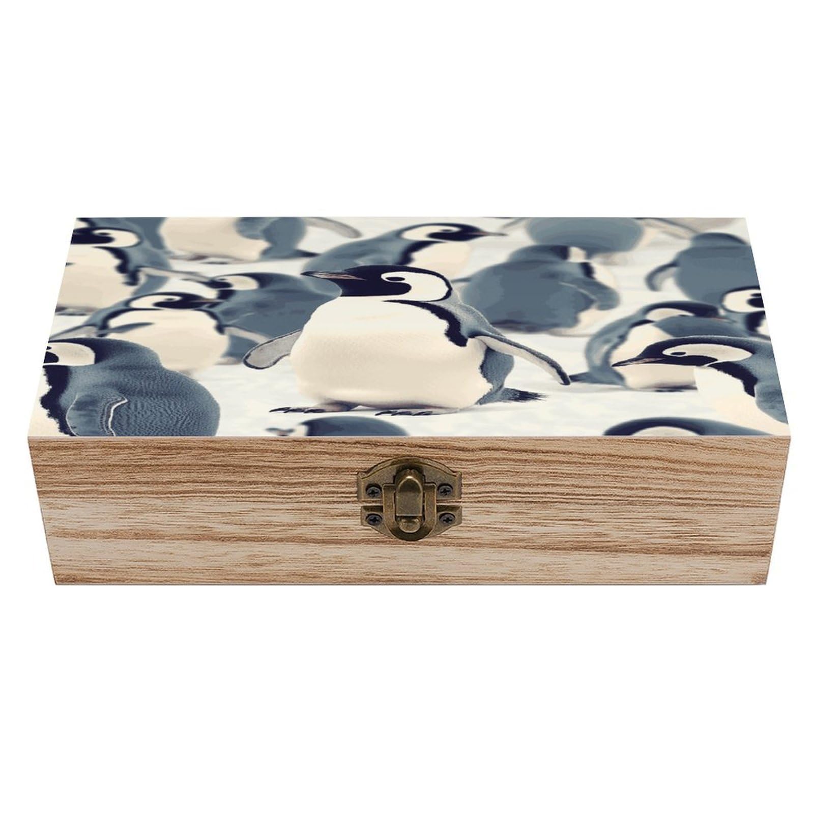 FekiLoot Cute Penguin Animal Pattern Wooden Storage Box Rustic Jewelry Box with Hinged Lid Large Jewelry Storage Case Beautifully Keepsake Boxes Unique Gift Ideas for Men & Women