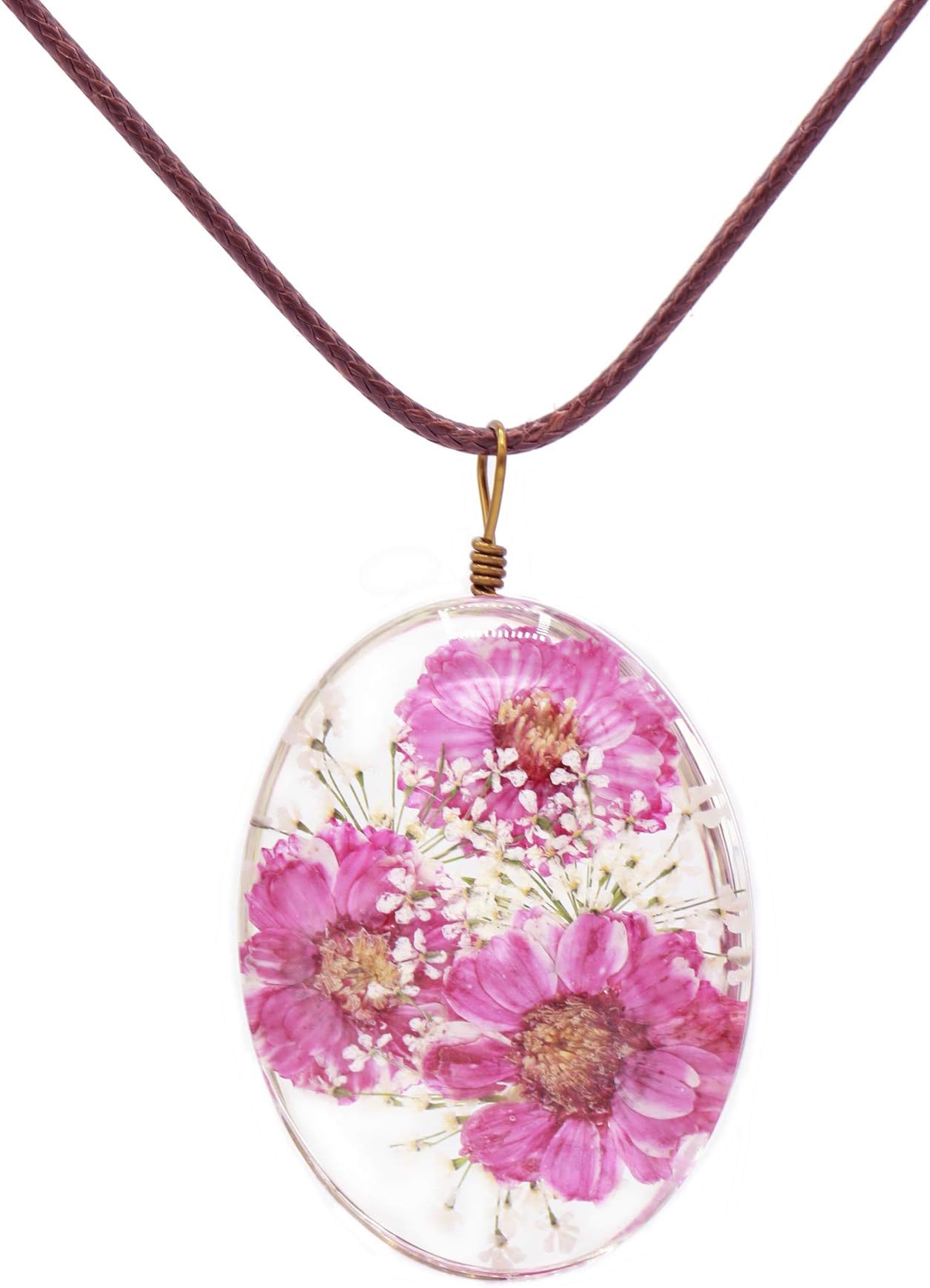 JewelryLand Handmade Pressed Real Flower Forget Me Not Daisy Chrysanthemum Pendant Necklace (Pink Daisy)
