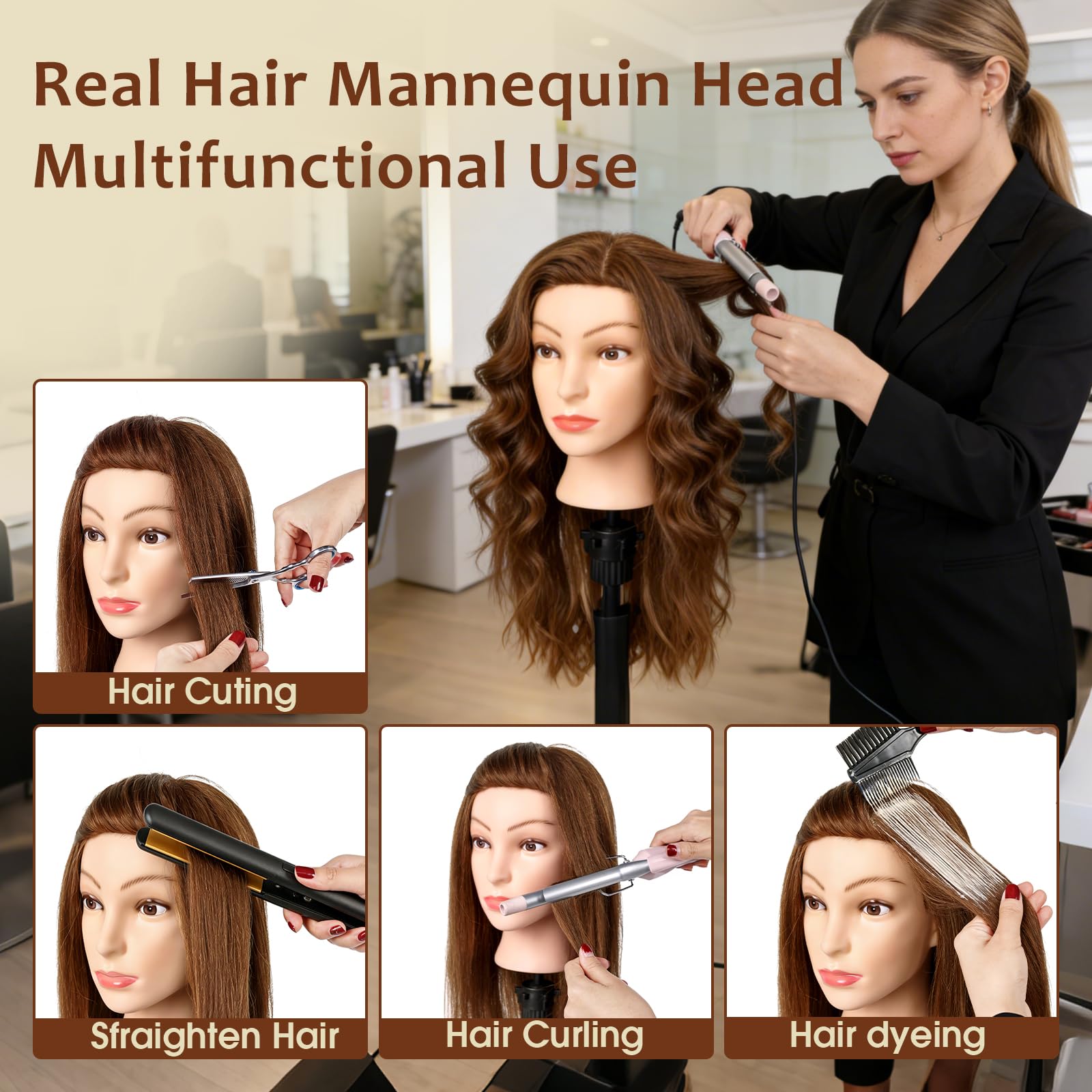 Cabeza de Maniquí de Peluquería con Pelo Natural 100%, TopDirect 22"/55cm Maniqui Pelo Natural de Cabello Humano Real Cosmetología para Peluquería con Soporte y Accesorios de Peinado (Marrón oscuro)
