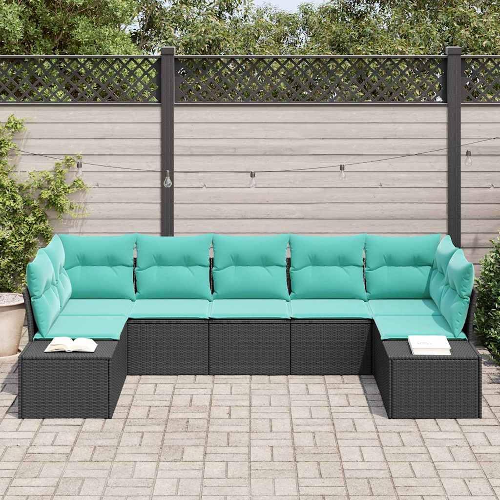Modular Garden Sofa Set 7 pcs Black Turquoise Poly Rattan Outdoor Furniture Comfortable Cushions Patio Sectional Backyard Lounge Seating Durable Weather-Resistant