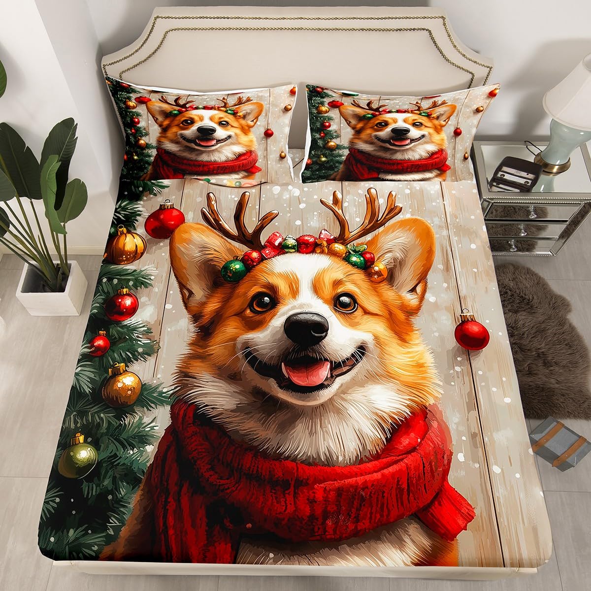 Drap-housse Corgi de Noël en microfibre marron pour lit enfant avec 2 taies d'oreiller
