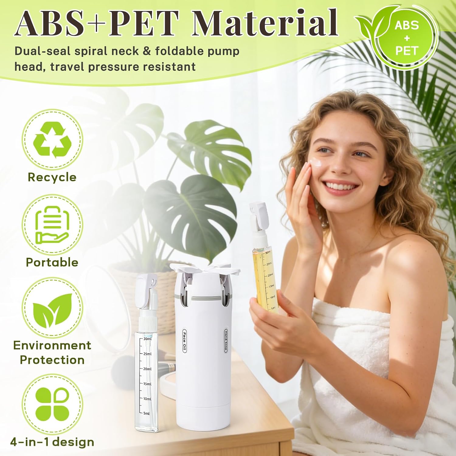 4 in 1 Travel Dispenser Bottle Set, 4Pcs 30ML Refillable Travel Bottles for Toiletries with 1 English Label, 3 Brushes & 1 Funnel, Leak Proof Travel Shampoo Bottles for Travel, Camping, Gym.