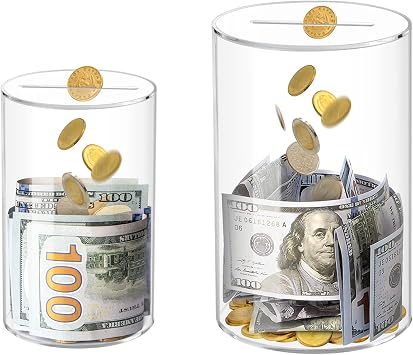 2 PCS Clear Acrylic Piggy Bank for Adults Kids, Clear Money Saving Jar Must Break to Open, Unopenable Piggy Bank for Cash Coins