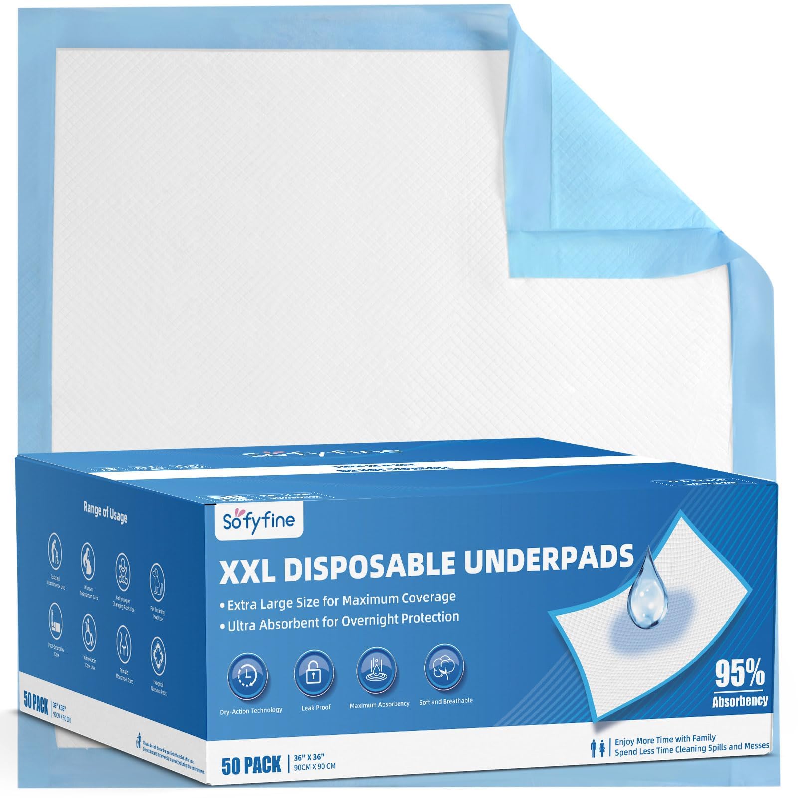 SOFYFINE 50 Count Extra Large Chucks 36"x36" Thicken Elderly Adults Incontinence Bed Pads Disposable, Heavy Duty Absorbency Underpads Waterproof, XXL Extra Large Puppy Pee Training Pad