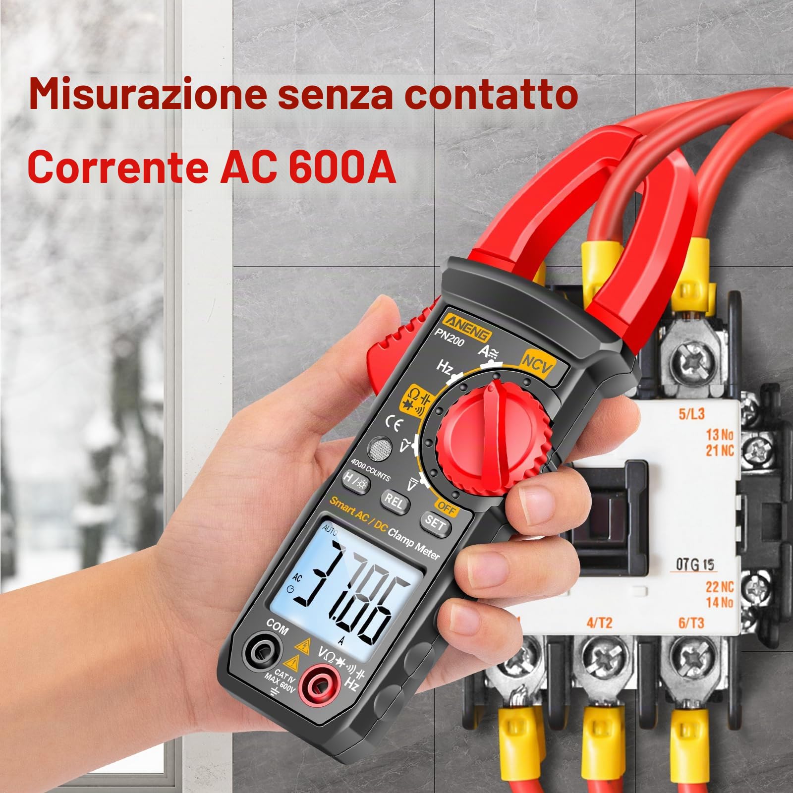 ANENG Multimetro Pinza Amperomtrica PN200,Con Range Automatico TRMS Da 4000 Conteggi Con Strumento Di Rilevamento Della Tensione Senza Contatto,Corrente AC/DC,Tensione,Resistenza,Capacità, Continutà
