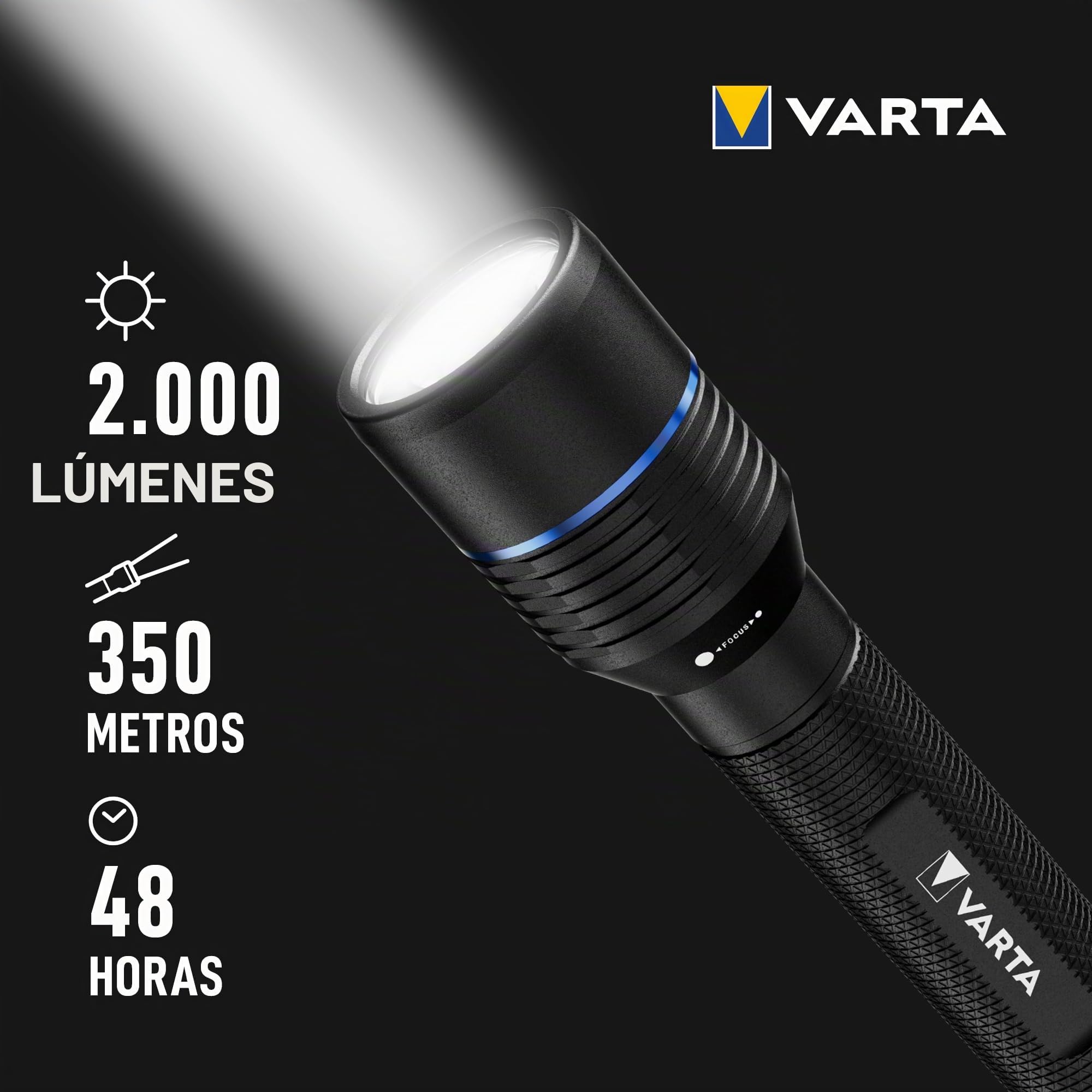 VARTA Linterna LED recargable y batería externa, Night Cutter Pro F40R, para exteriores y hogar, 2000 Lúmenes, resistente al agua IP67, aluminio de aviación, enfoque preciso y cordón | 5 modos de luz, Powerbank 5200 mAh, aluminio aeronáutico, USB C, enfoq