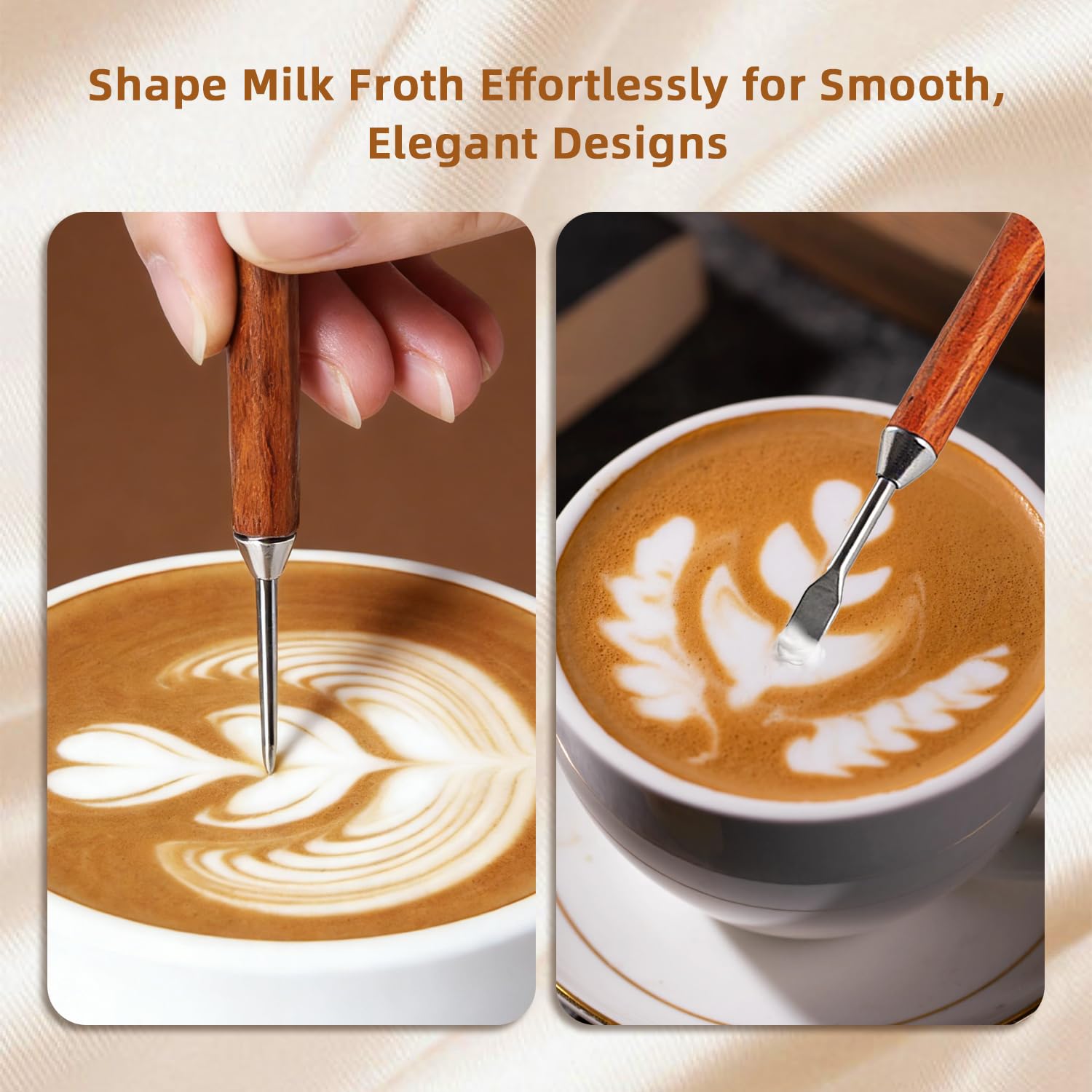 Bolígrafo Latte Art, Herramientas Barista Acero Inoxidable Doble Punta con Madera Negra - 2 Piezas