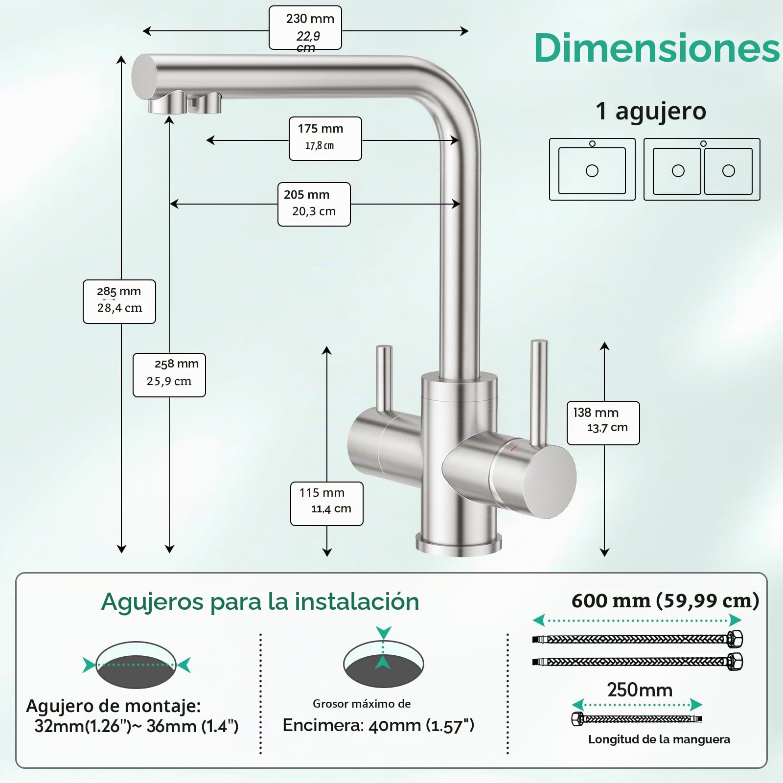 CREA Grifo de Cocina 3 Vías Osmosis, Fregadero Giratorio 360°, Acero Inoxidable Cepillado