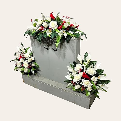 Miniatura 5 de Realistic Artificial Cemetery Flowers - Silk Faux Floral Cream Rose and Calla Lily with Red Berries and a Cardinal - Bouquet Pair for Grave -
