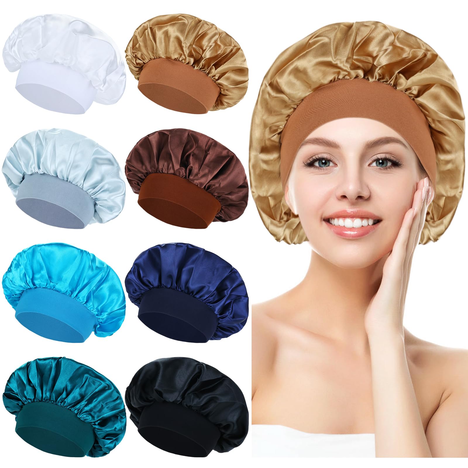 Lawie 8 Pack Colors Satin Lined Silky Sleeping Bonnets Shower Caps Curly Long Hair Protector Night Large Adjustable Wide Brim Band Sleep Hats Hair