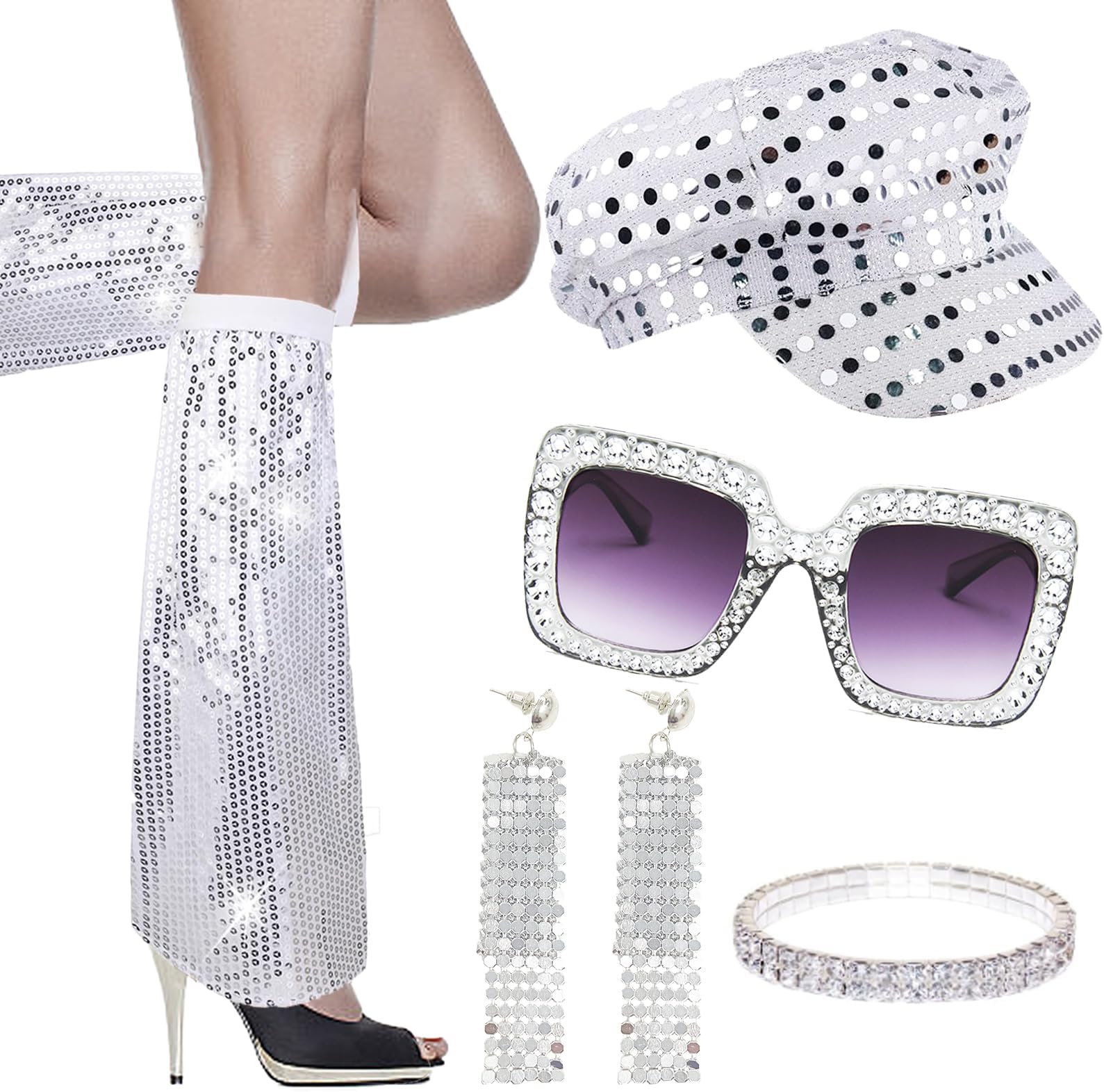 5Pcs 70s Disco Accessories, 70s Fancy Dress Women Accessories, Frame Bling Sunglasses Earrings Headband Bracelet Leg Warmers Disco Fancy Dress Kit for Women Retro 70 Theme Party Hippie Costume