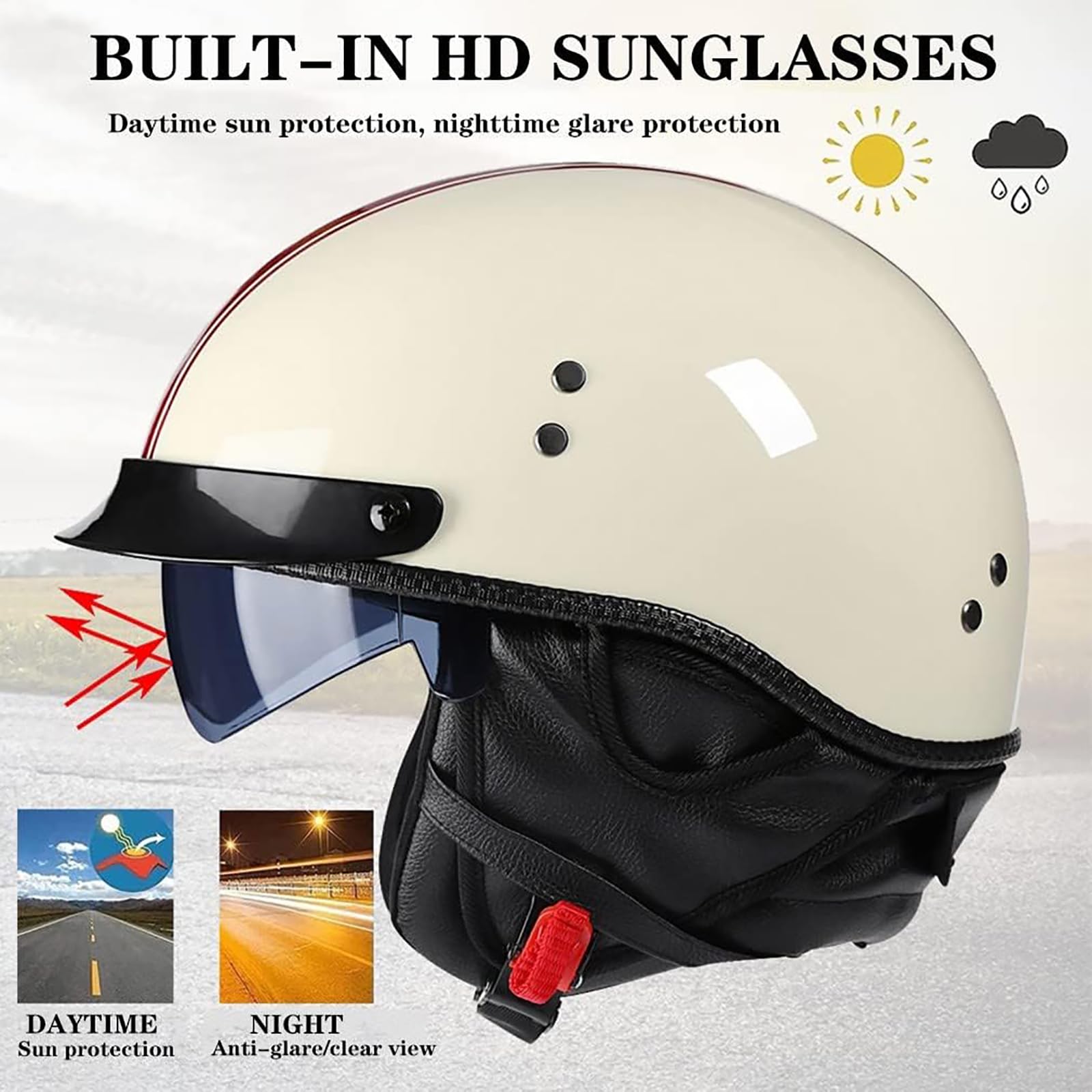 Casco da Moto retrò a Mezza Calotta per Adulti, Uomo e Donna, Casco Aperto con Visiera Parasole per Moto, Cruiser, Chopper, ciclomotore, Scooter, Moto, Certificato DOT, Nero Opaco,