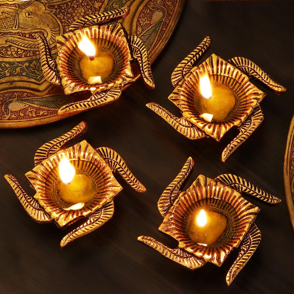 IndianShelf Pack of 4 Diwali Diya Brass Gold Finish Swastik Design Oil Lamp Pooja Items for Pooja Room Deepam for Gifts (B0DGQBJ7WR) Amazon Price History, Amazon Price Tracker