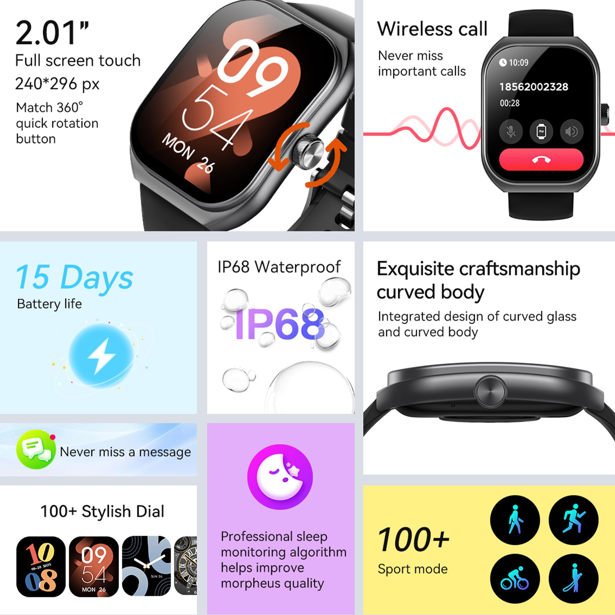 Reloj Inteligente Mujer con Llamadas, 2,01 Pulgada Smartwatch Hombre Deportivo con Podometro Pulsometro SpO2 Sueño Presion Arterial Actividad IP68 Reloj Digital para iOS Android (Negro)