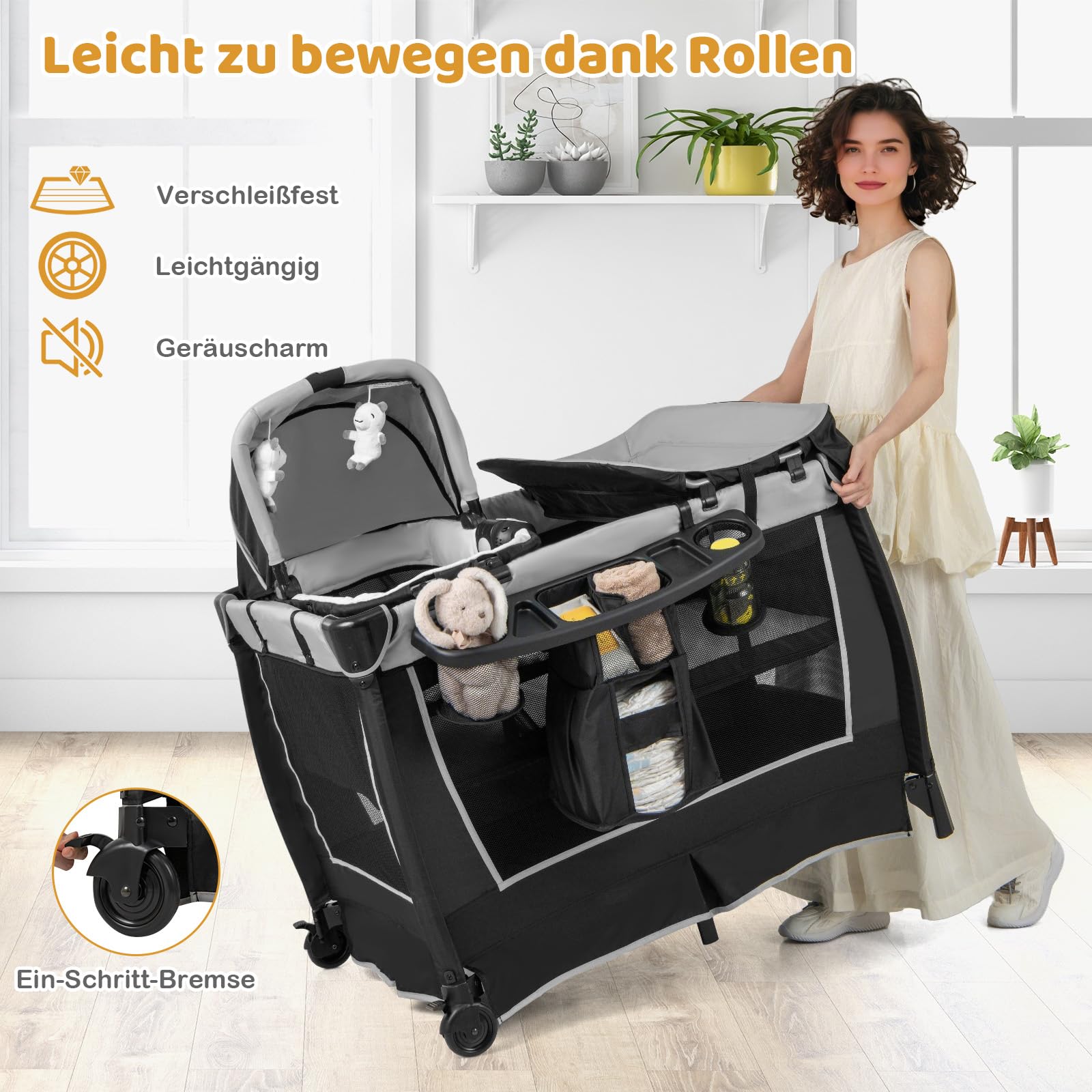 COSTWAY 6 in 1 Reisebett mit Matratze, mobile Babywiege mit verstellbarem Vordach, Babybett Beistellbett klappbar mit Wickelauflage, Spieluhr & Tragetasche für Baby bis 3 Jahre, 15 kg Belastbar (Grau)