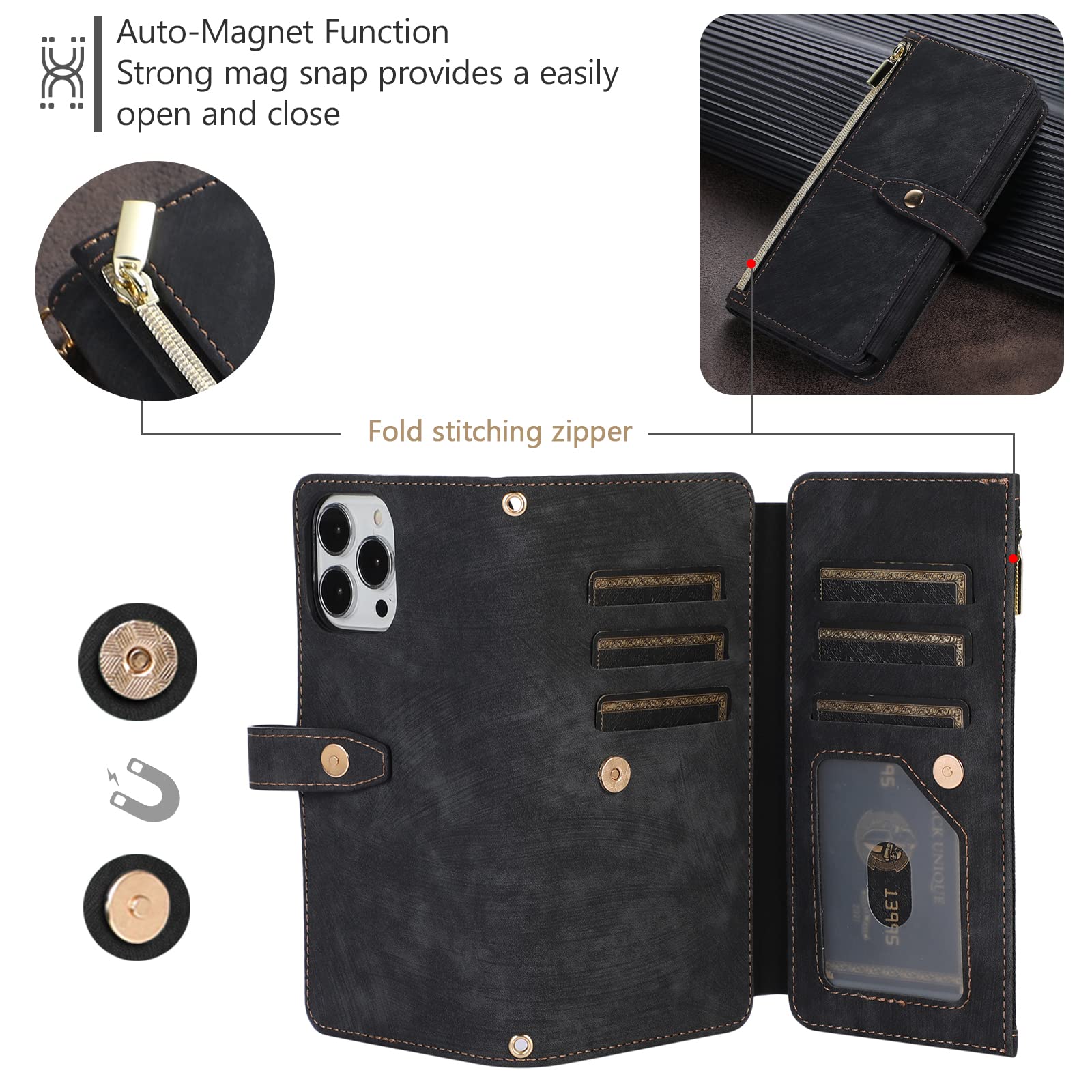 UEEBAI Custodia A Portafoglio Per IPhone 12 Pro Max (6,7") – Glitterata, In Pelle PU Con 5 Slot Per Carte, Supporto E Chiusura Magnetica, Colore Nero - copertina