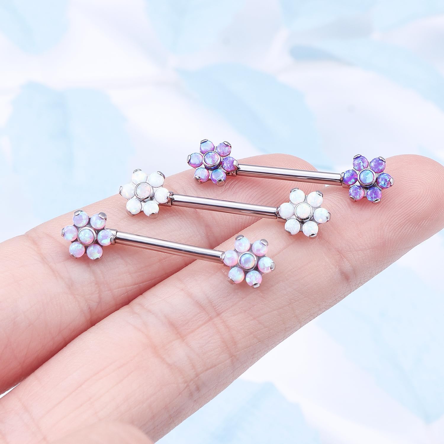 14G ASTM F136 Titanium Nipple Piercing Jewelry Flower CZ Opal Nipple Barbell Jewelry Internally Threaded G23 Solid Nipple Piercing Barbell Ring Jewelry for Women Men 14 Gauge - Image 4