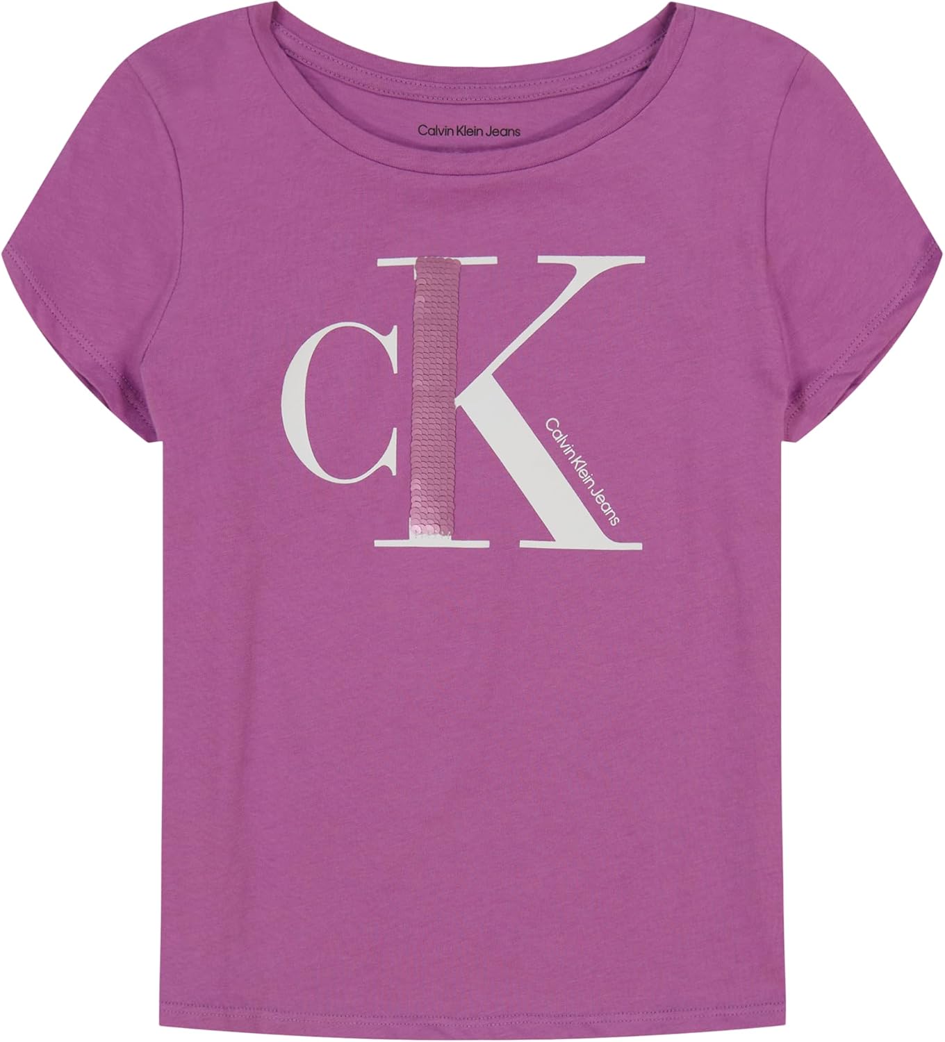 Calvin Klein Girls' Short Sleeve Cotton T-Shirt with Flip Sequin Design & Tagless Interior 7 Iris Orchid