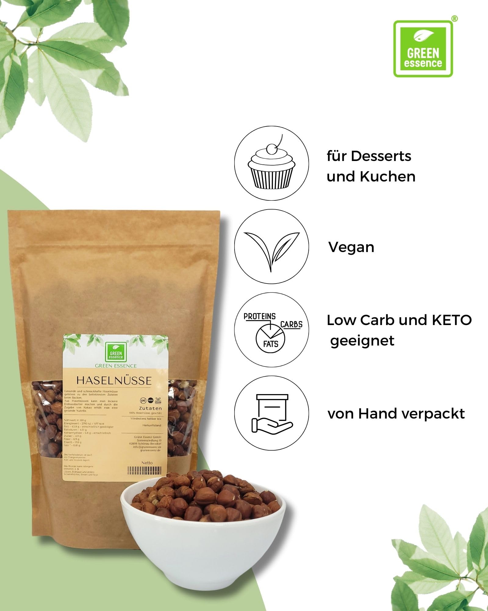 Haselnüsse groß und knackig 1 kg von der Grünen Essenz - Haselnusskerne - ganz ohne Schale - ohne Zusätze - vegan Keto - Premium Qualität