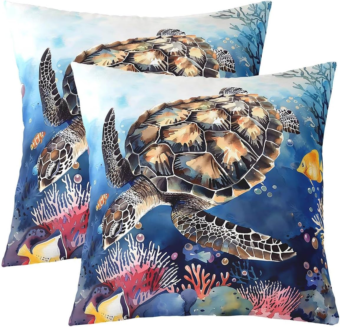 Feelyou Sea Turtle Cushion Case for Kids Boys Girls Coral Pattern Decorative Pillowcase Ocean Theme Throw Pillow Covers 22"x22" Set of 2 Fish Pattern Home Decor