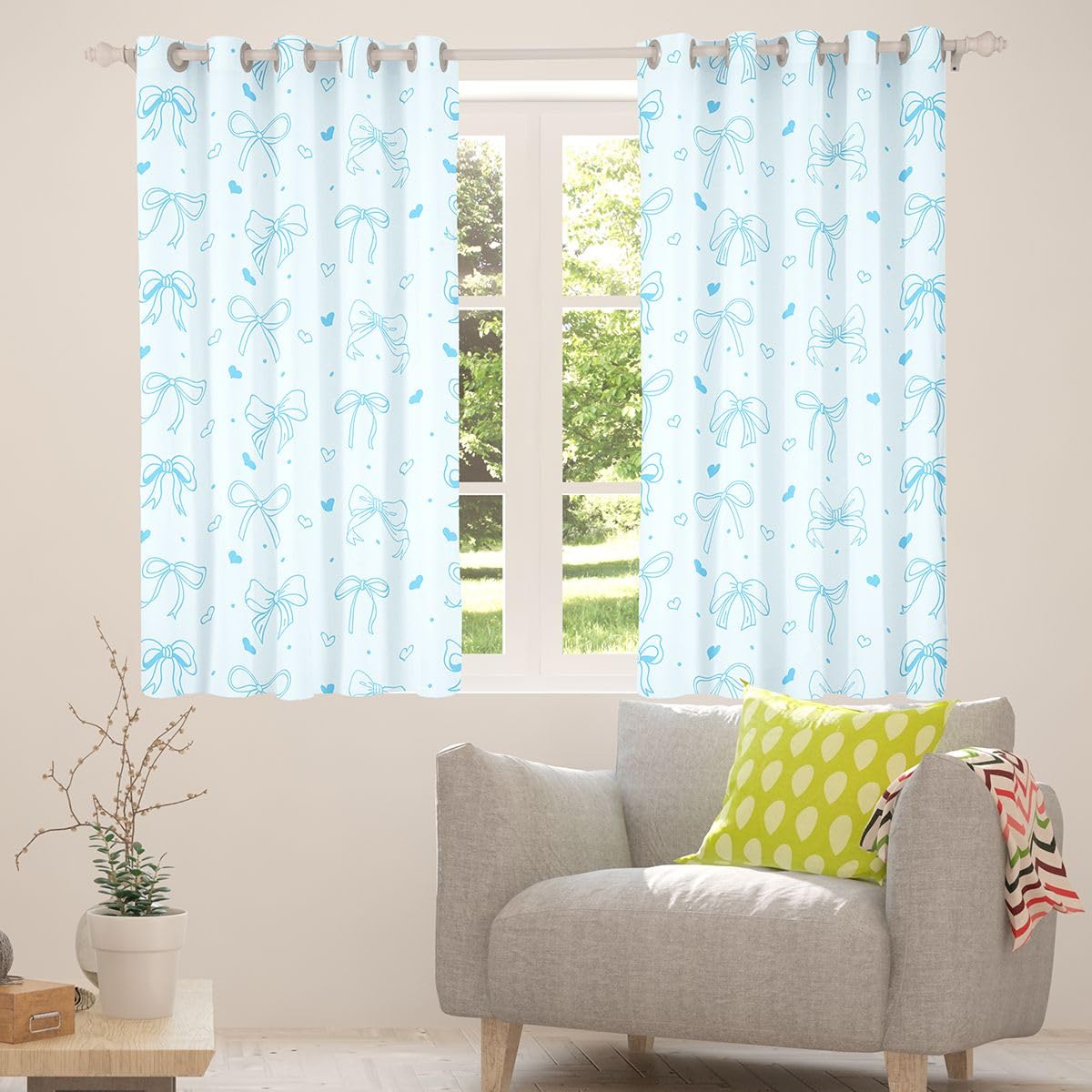 Homewish Urocza niebieska kokardka zasłony okienne, 117 x 137 cm, 2 zestawy paneli – niebieska wstążka, muszka, zasłony zaciemniające, , kokarda, zasłony okienne, księżniczki, kokardki, kawaii