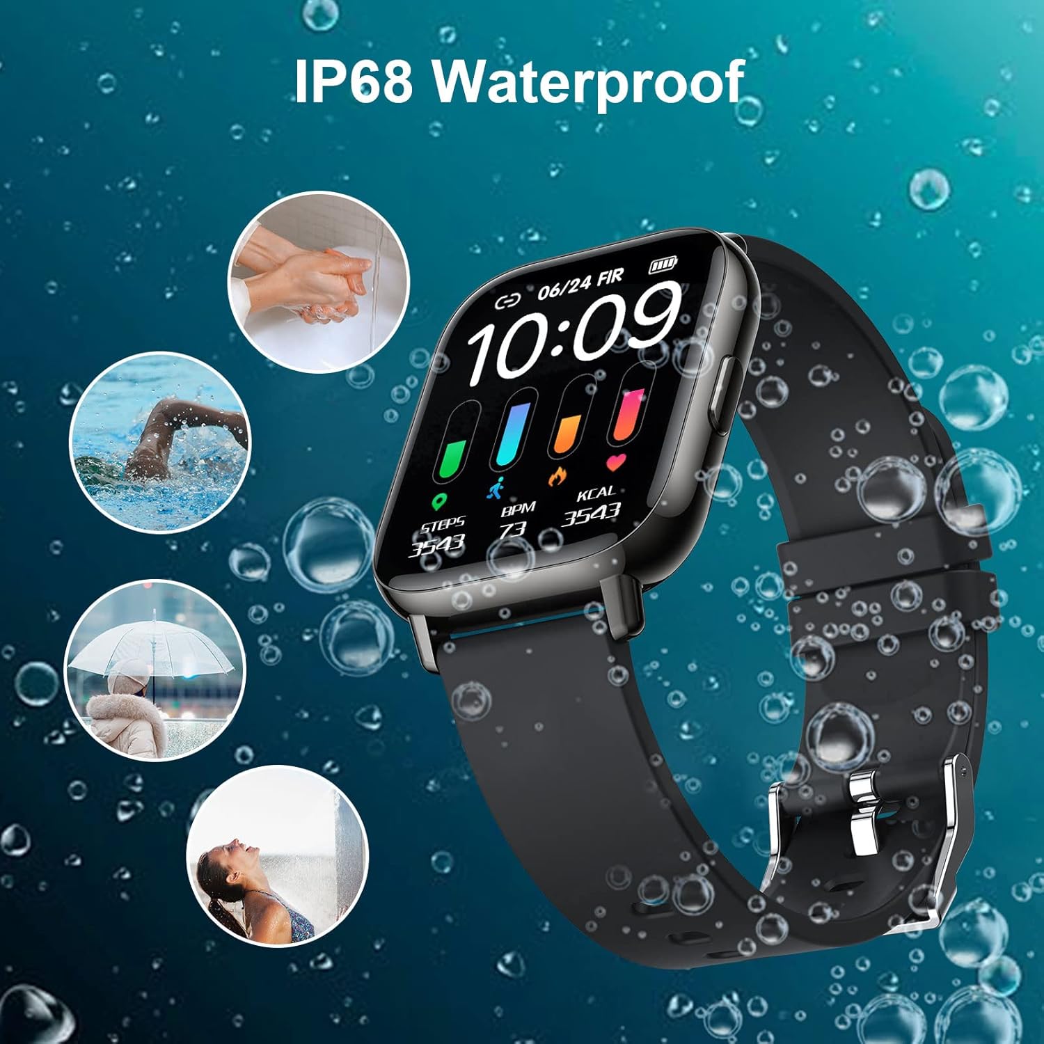 Nerunsa Smartwatch P32B demonstrating IP68 water resistance for various activities like hand washing, swimming, and rain