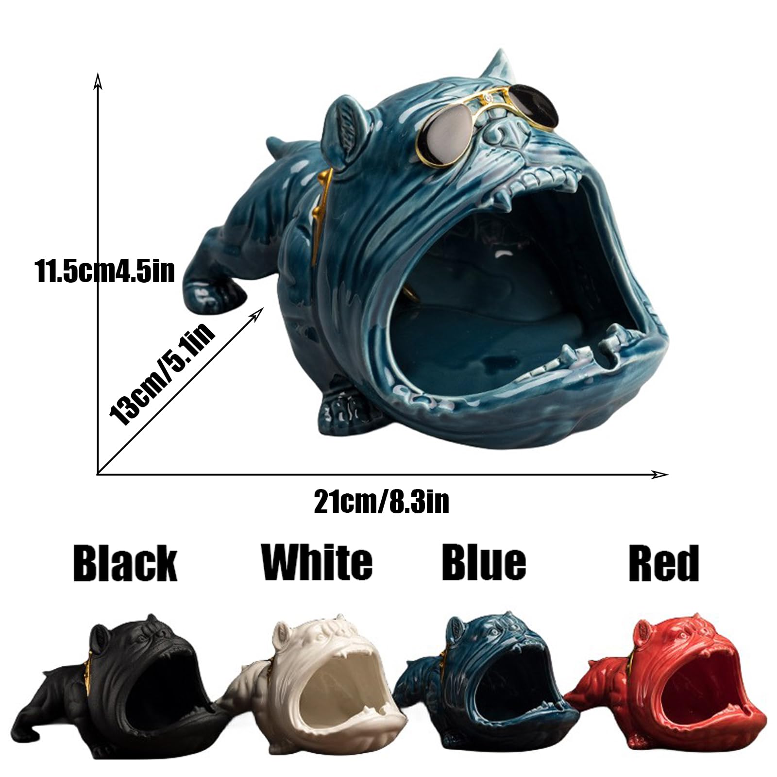Cendrier Bulldog En Céramique – Statue Chien Décorative Multifonction Cendrier / Vide-Poches – Design Fun Bleu