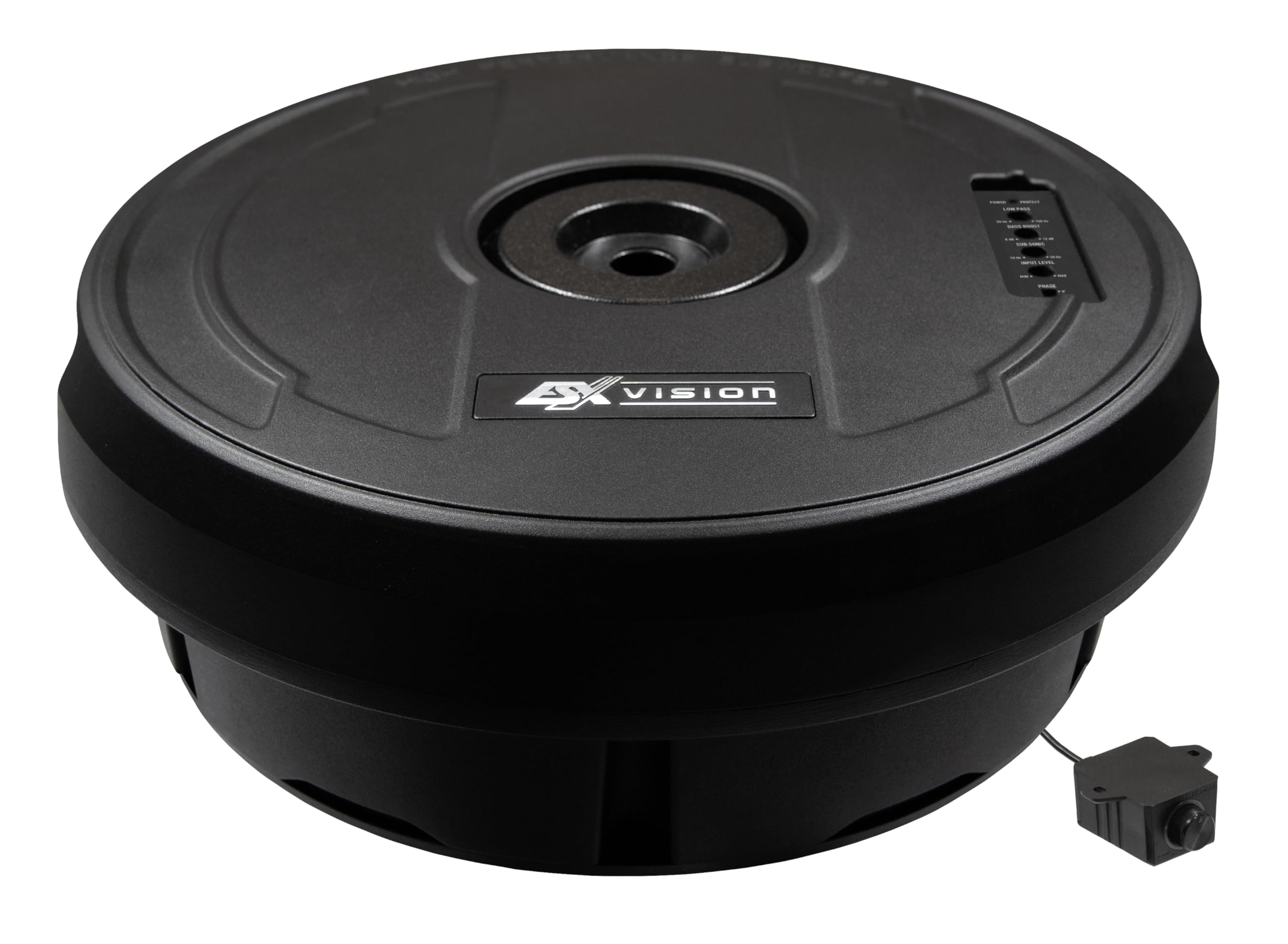 ESX V1100Av2-28 cm (11") Basse active pour roue de secours avec boîtier en aluminium massif | Puissance de classe A/B avec 300 W et télécommande filaire compacte