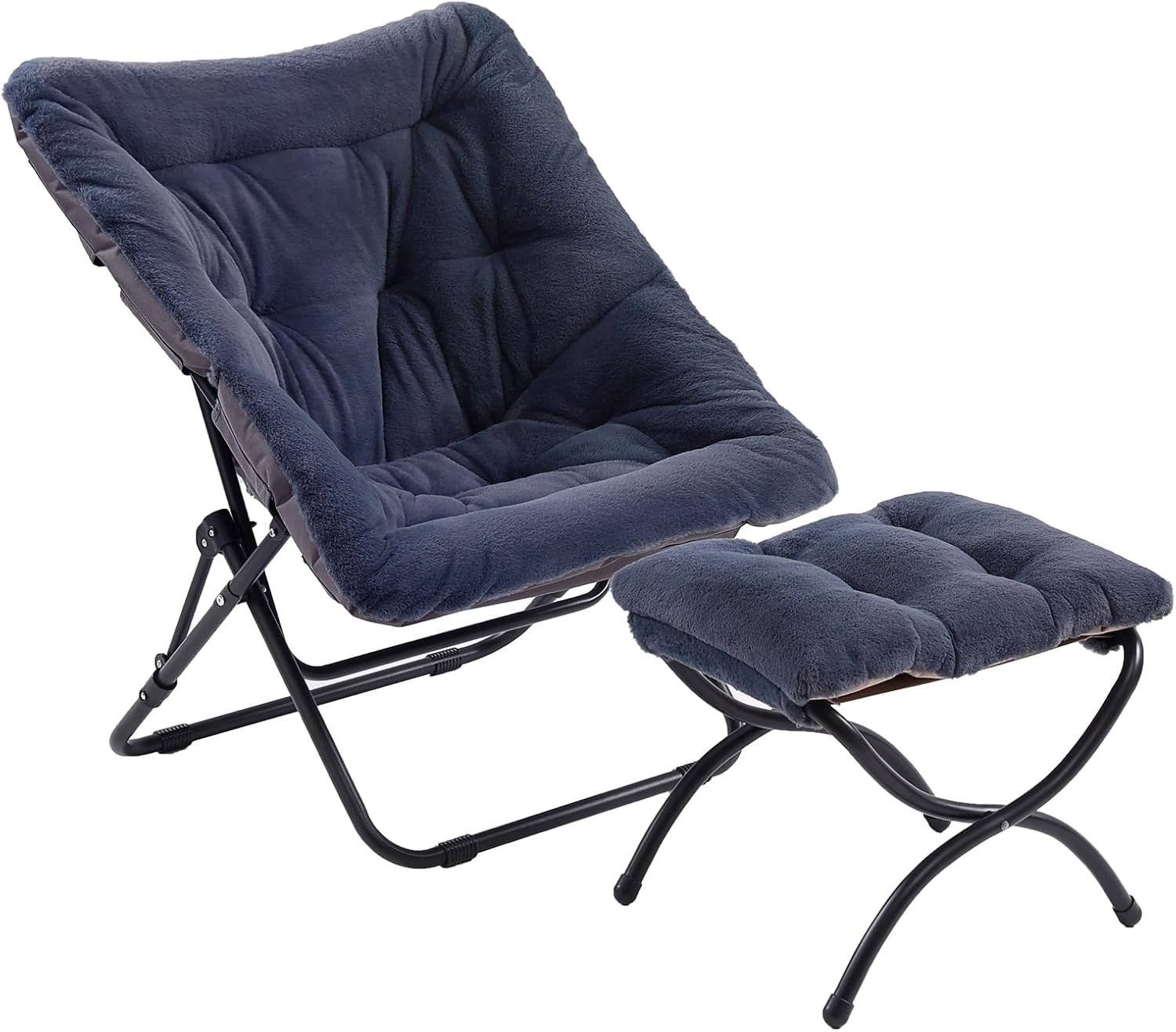 Comfy Folded Chair with Ottoman, Oversized Folding Faux Fur Chair Soft Furry Lounge Lazy Chair with Metal Frame Moon Chair Accent Chair for Bedroom, Living Room, Dorm Rooms Navy with Ottoman