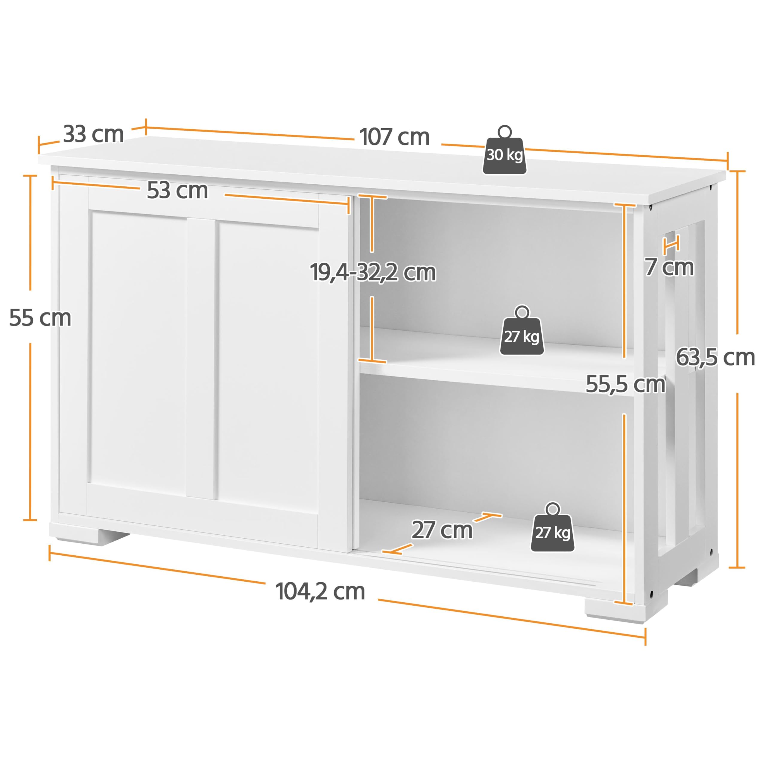 Armadietto da Cucina Mobiletto con 2 Ante Scorrevoli e Ripiano Regolabile Credenza Mobile da Cucina per Soggiorno 106,7 x 33 x 63 cm Bianco