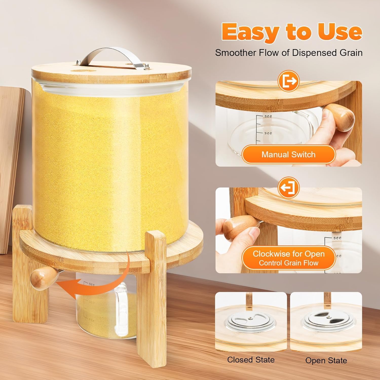 Dispensador De Arroz Y Recipiente para Cereales Hermético - Recipiente De Vidrio para Alimentos De 5 litros con Tapa De Bambú Y Soporte De Madera, Organizador De Granos A Prueba De Fugas con