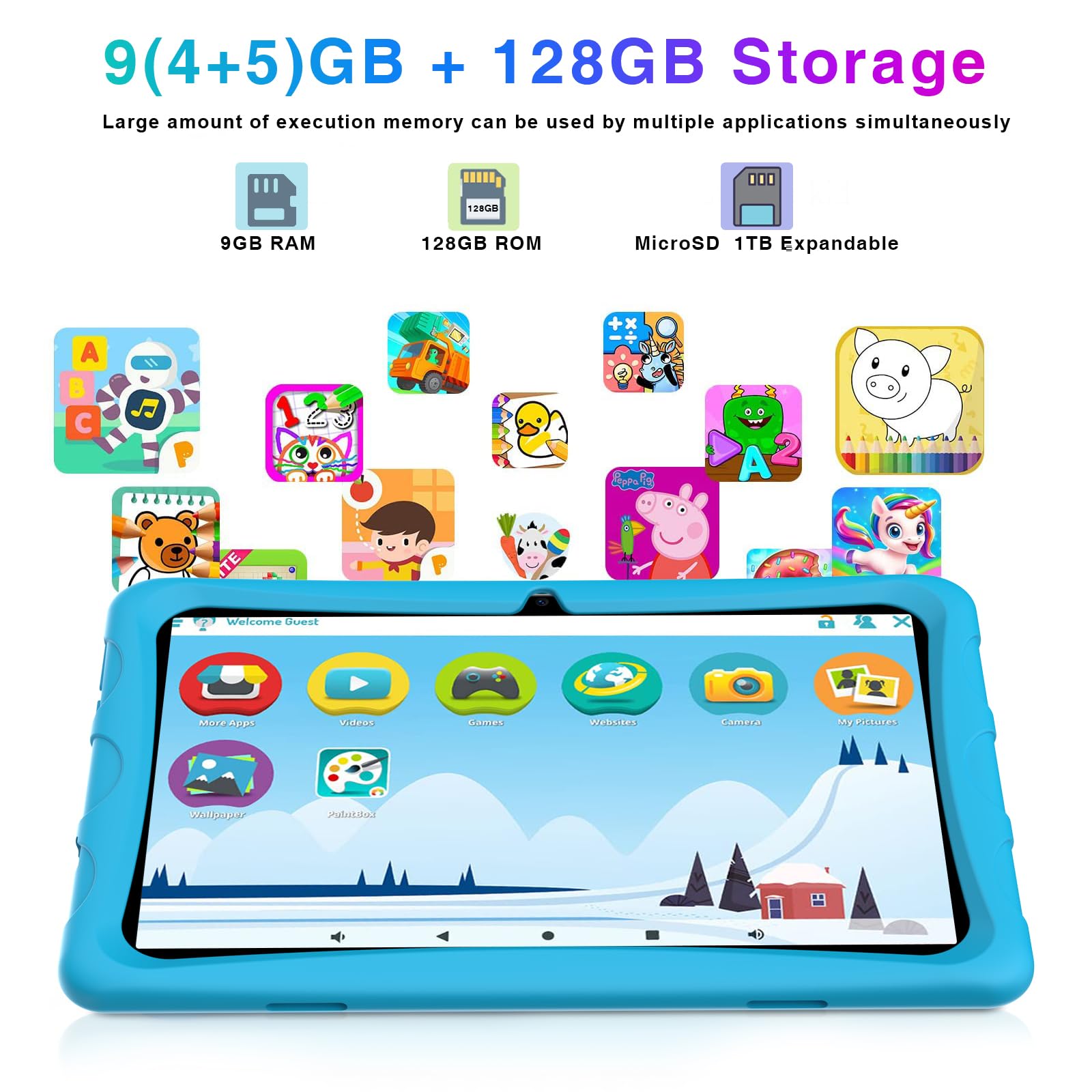 U10 Kid Tablet 10 Pollici, 9GB+128GB/1TB Tablet Bambini, 5MP+8MP, Tablet Android 13, Wi-Fi 6/BT5.0/TUV/DRM L1, Tablet con Controllo Parentale, Software Didattico per Bambini Preinstallato