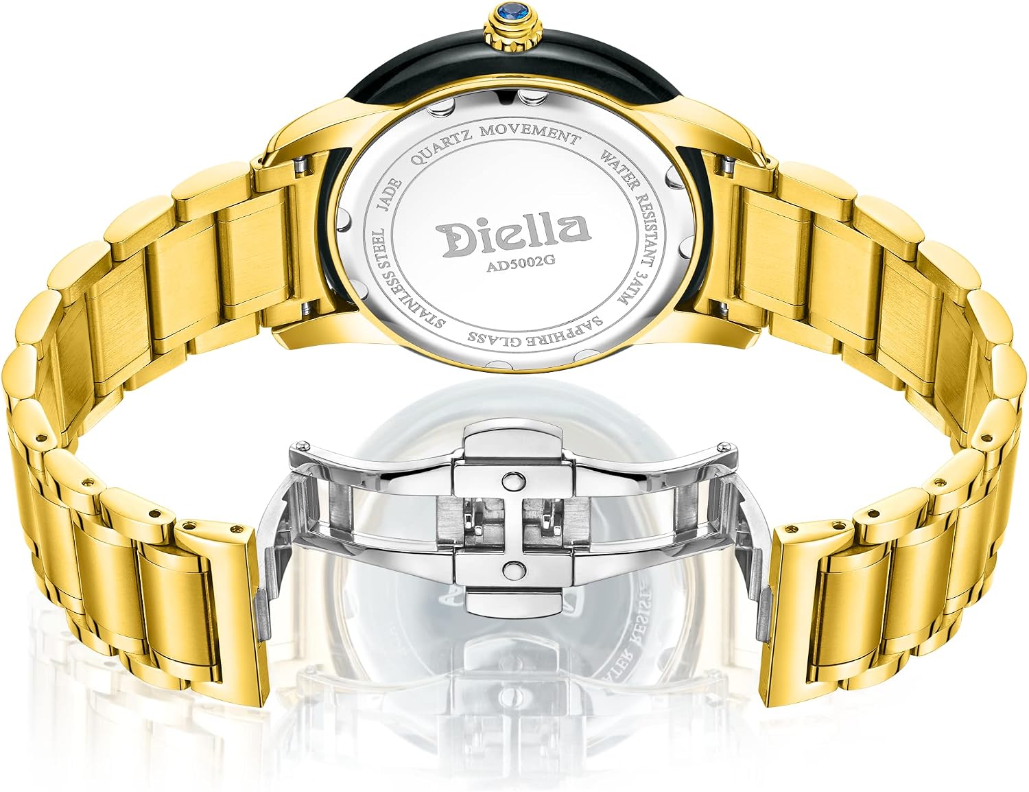 Diella Watches for Men, Dial Inlaid with Jade and 8 Swarovski Rhinestones Crown Set with Sapphires Genuine Japanese Quartz Movement, Date Luminous, Waterproof, Casual for Men