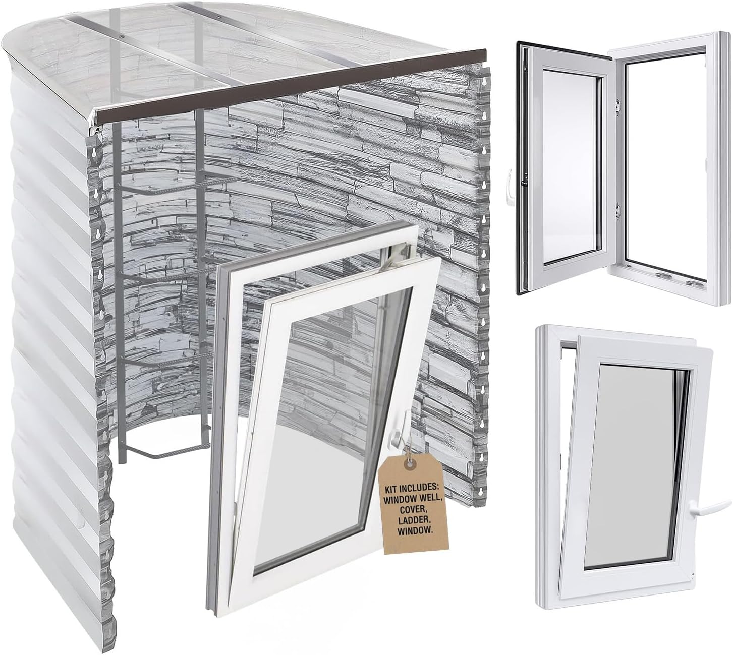 Egress Window Well Kit - 42"L x 36"W x 48"D - Tuffwell Metal Complete Kit Includes Tilt & Turn Casement Basement Window, Polycarbonate Well Cover, Egress Ladder, Stoneview 19 Gauge Steel Area Wall