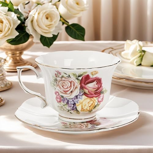 Miniatura 6 de Juego de 6 tazas de té y platillos, juego de tazas de café de cerámica floral de 8 onzas con cuchara, tazas de té británicas vintage con borde