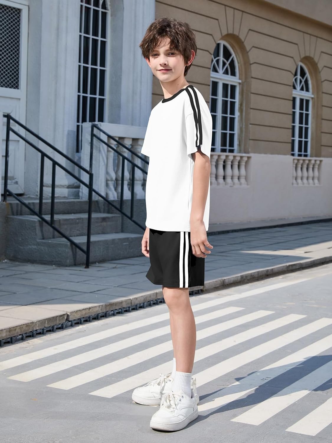 Haloumoning Boys 2 Piece Summer Outfits Kids Striped Trim Short Sleeve T-Shirt and Shorts Set with Pockets 5-14 Years
