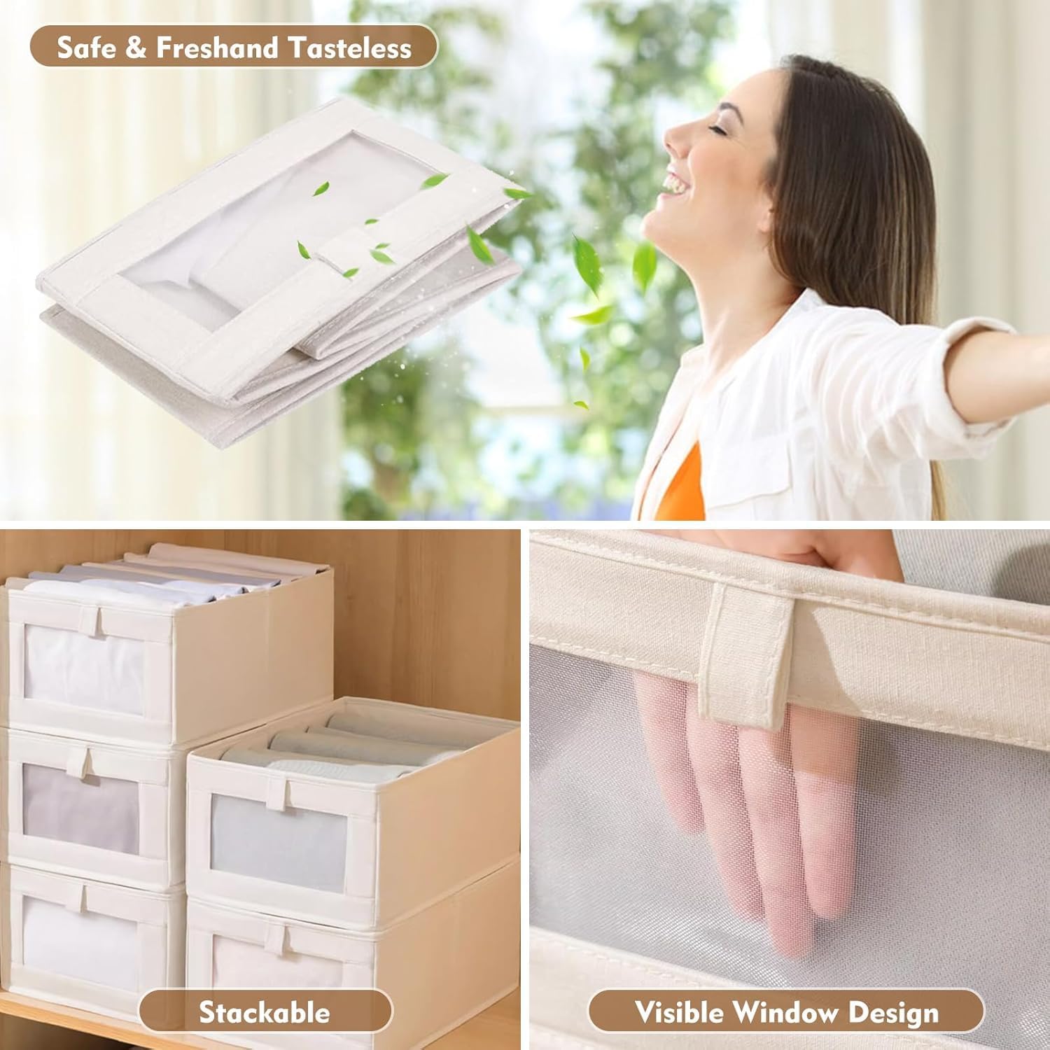 XIKAYA Armadio in tessuto,Organizer Armadio,Scatole Per Armadio,Scatole Portaoggetti per armadio,Cubo pieghevole in tessuto con finestra trasparente,per bucato,giocattoli,vestiti,libri (3 pezzi/set)